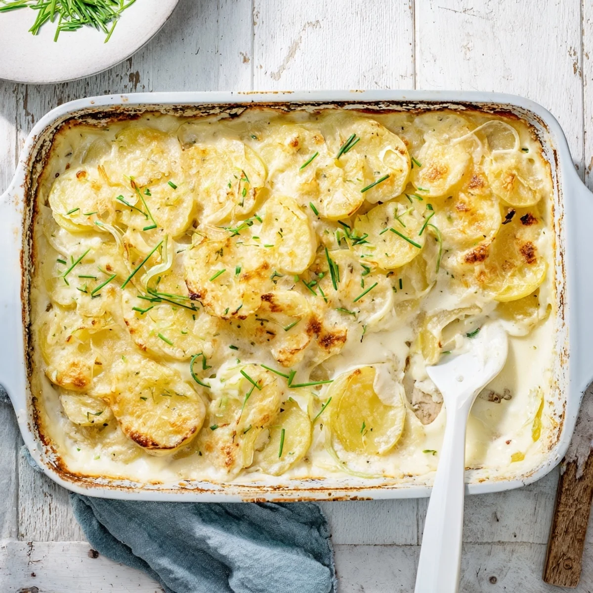 Tender layered potatoes au gratin topped with melted Gruyère and fresh chopped herbs