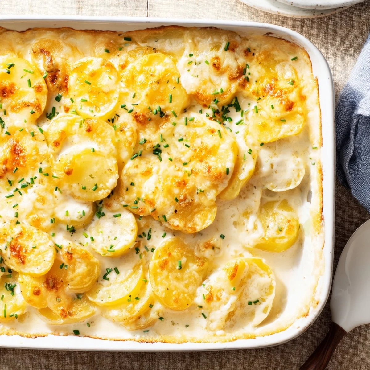 French-style potatoes au gratin sliced thin and baked until golden brown with rich cheese