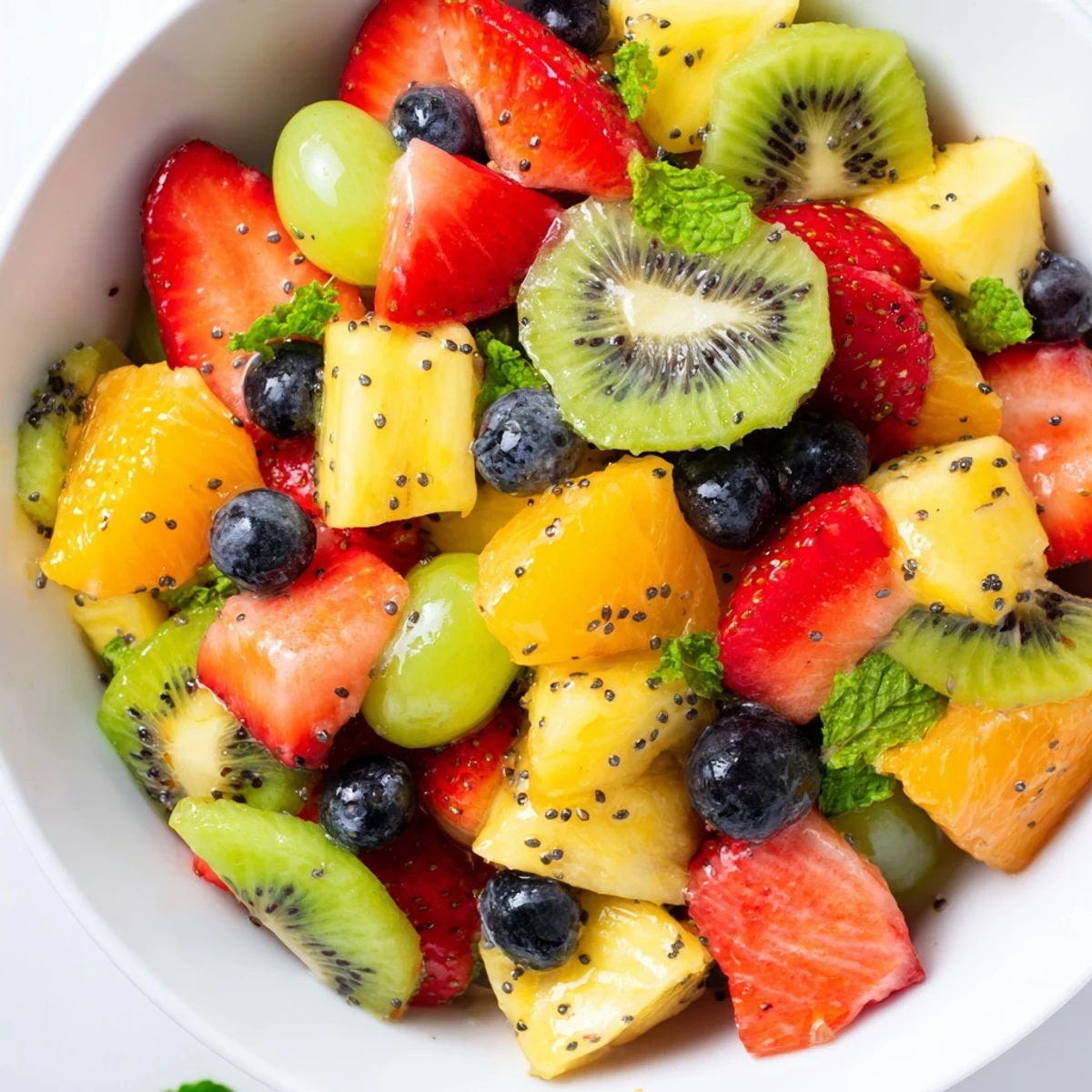 Colorful Easter fruit salad bowl overflowing with fresh strawberries, pineapple, kiwi, and mint garnish