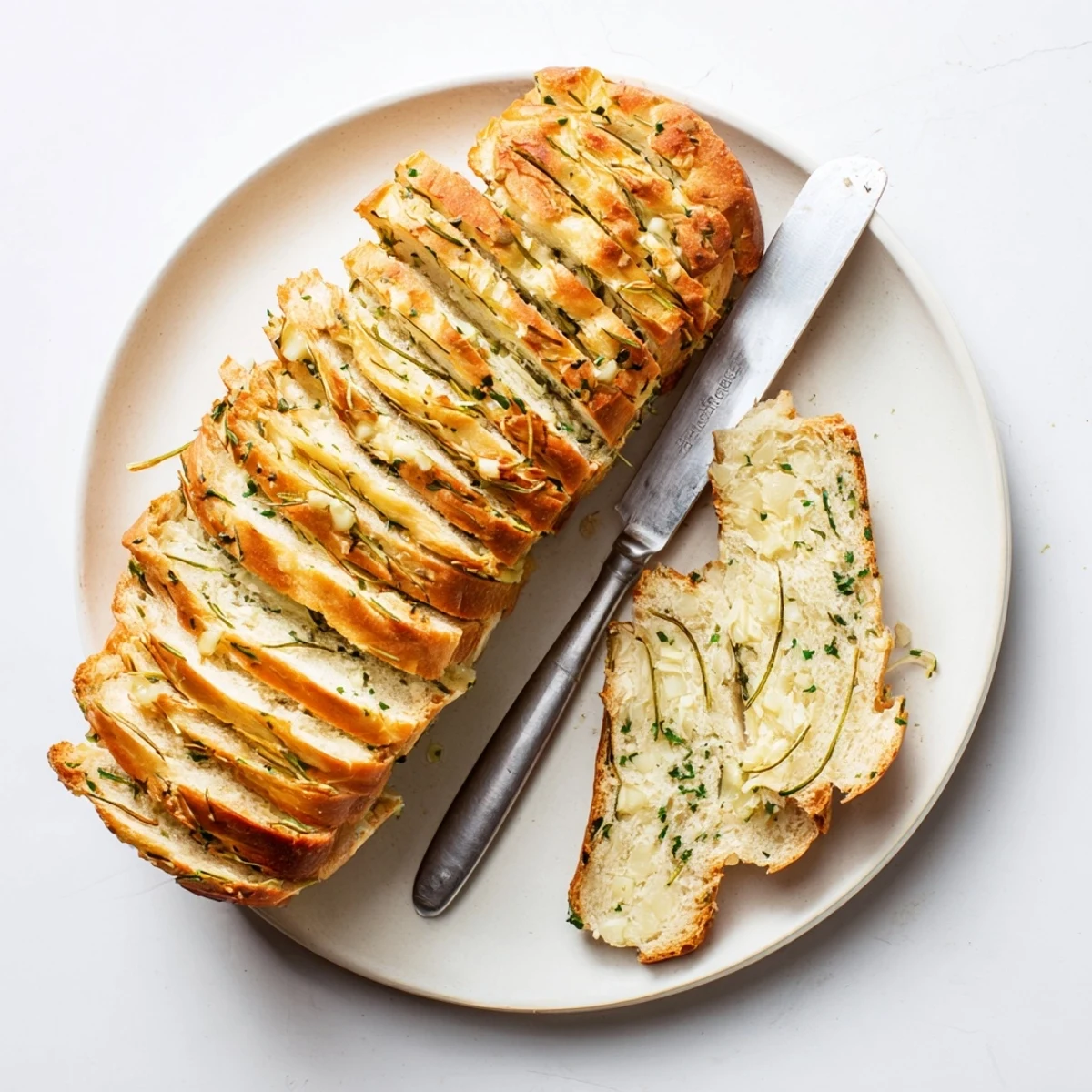 Golden garlic and herb bread loaf fresh from the oven with a glossy buttery crust