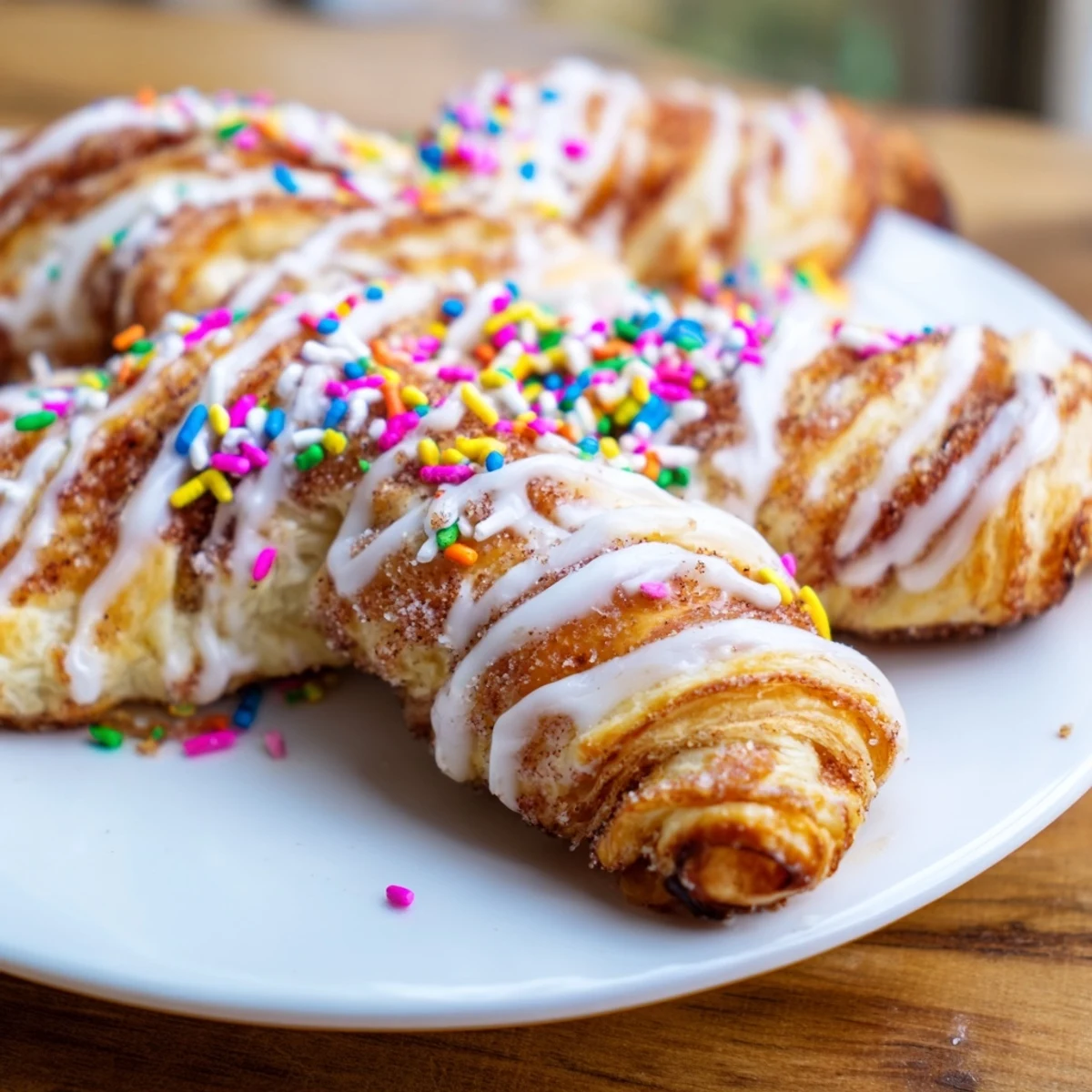 Golden brown Easter Bunny Twists pastry drizzled with white icing and colorful sprinkles on a white plate.