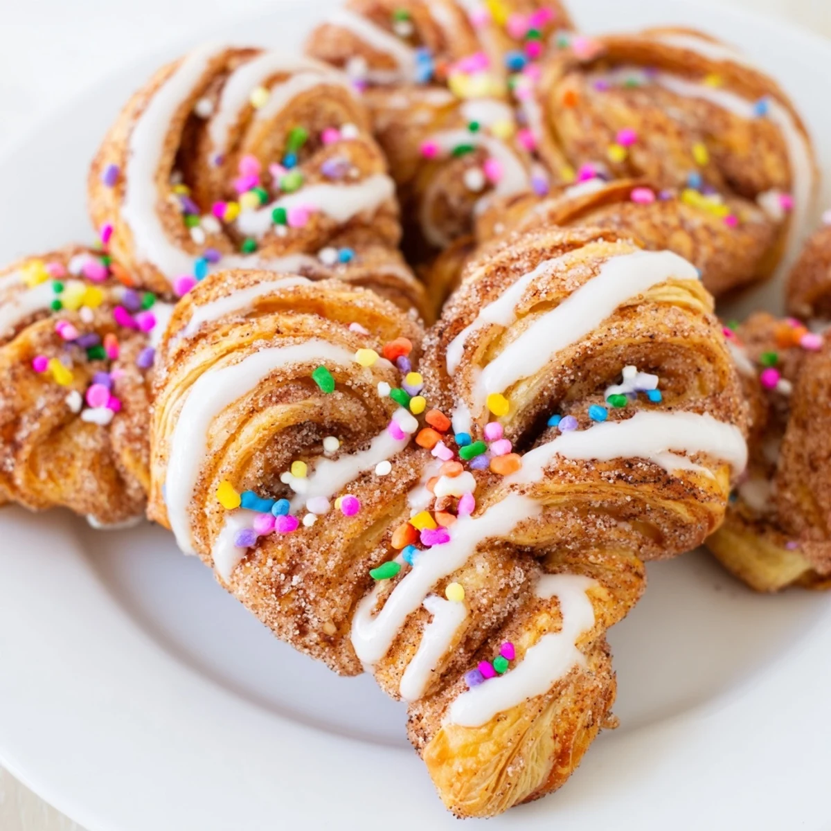Fluffy baked Easter Bunny Twists shaped like bunny ears topped with glace icing and pastel decorations.