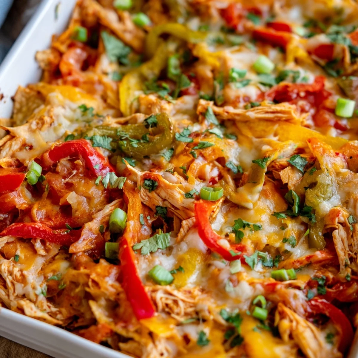 Baked cheesy chicken fajita casserole topped with Mexican cheese and sautéed vegetables