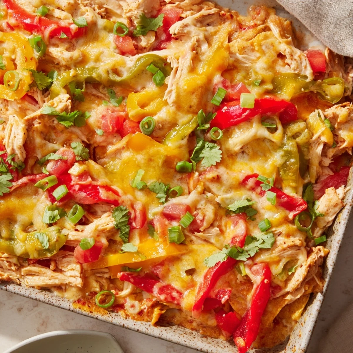 Comforting cheesy chicken fajita casserole with juicy chicken and bell pepper slices