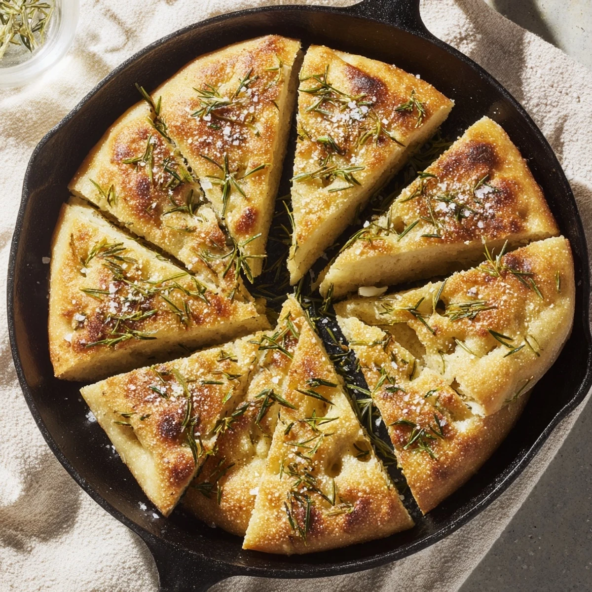 Golden rustic garlic rosemary skillet bread with flaky sea salt sprinkled on top