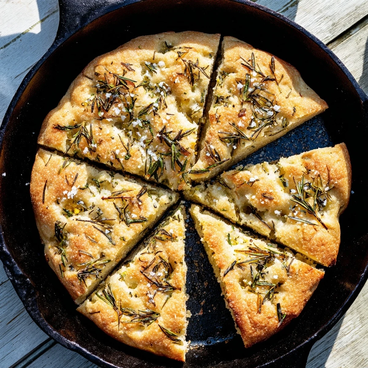 Homemade rosemary garlic bread baking in cast iron skillet with crisp golden edges