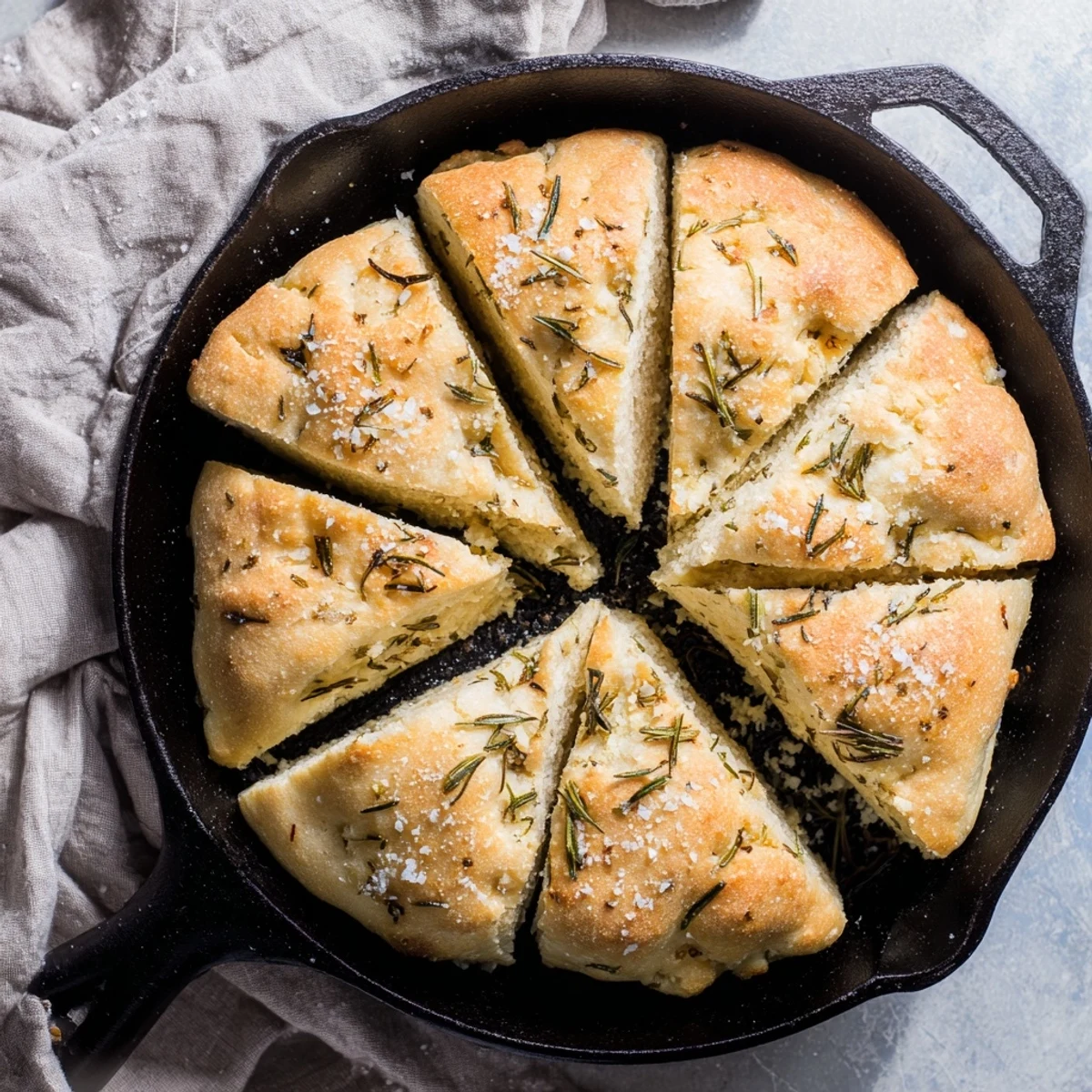 Warm oven-baked skillet bread featuring aromatic roasted garlic and fresh rosemary herbs