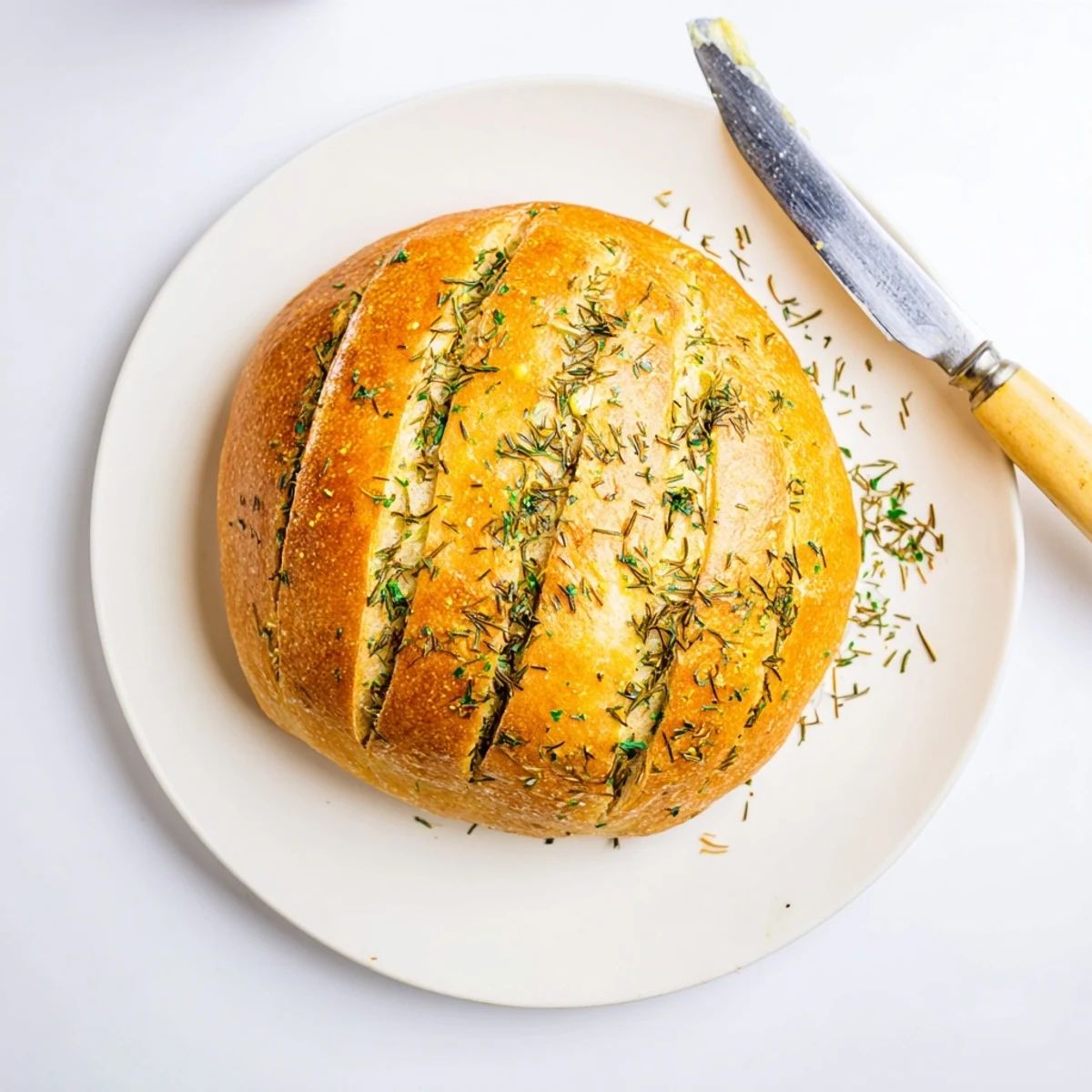 Rustic artisan loaf baked in a Dutch oven featuring fresh garlic and aromatic herbs