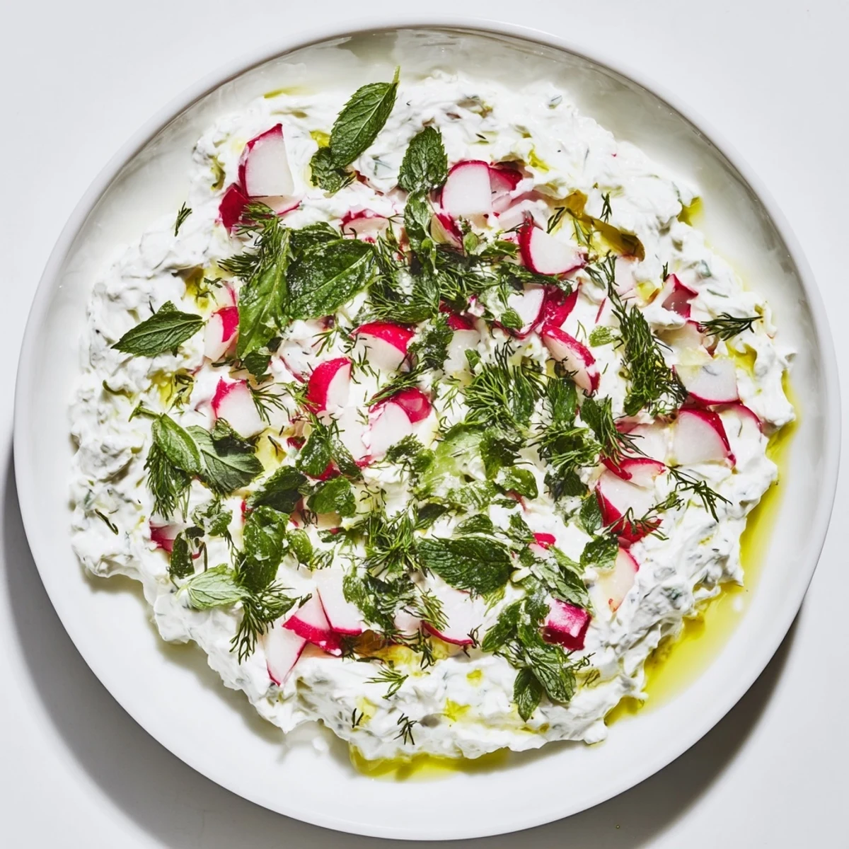 Creamy healthy radish tzatziki dip topped with fresh dill and olive oil drizzle