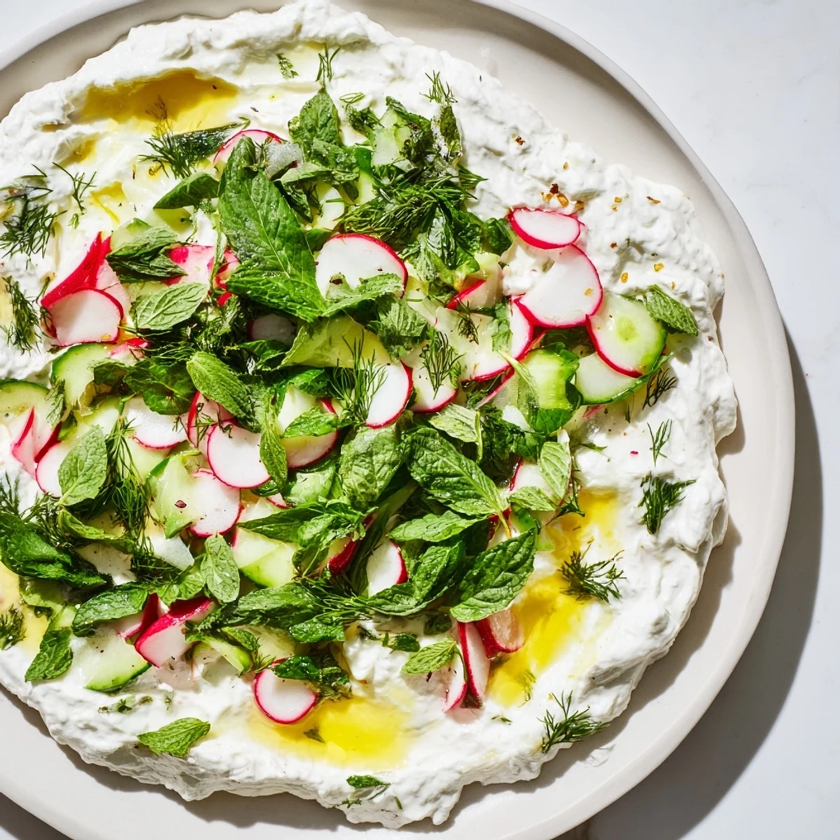 Close-up of healthy radish tzatziki dip showing grated radish and cucumber texture