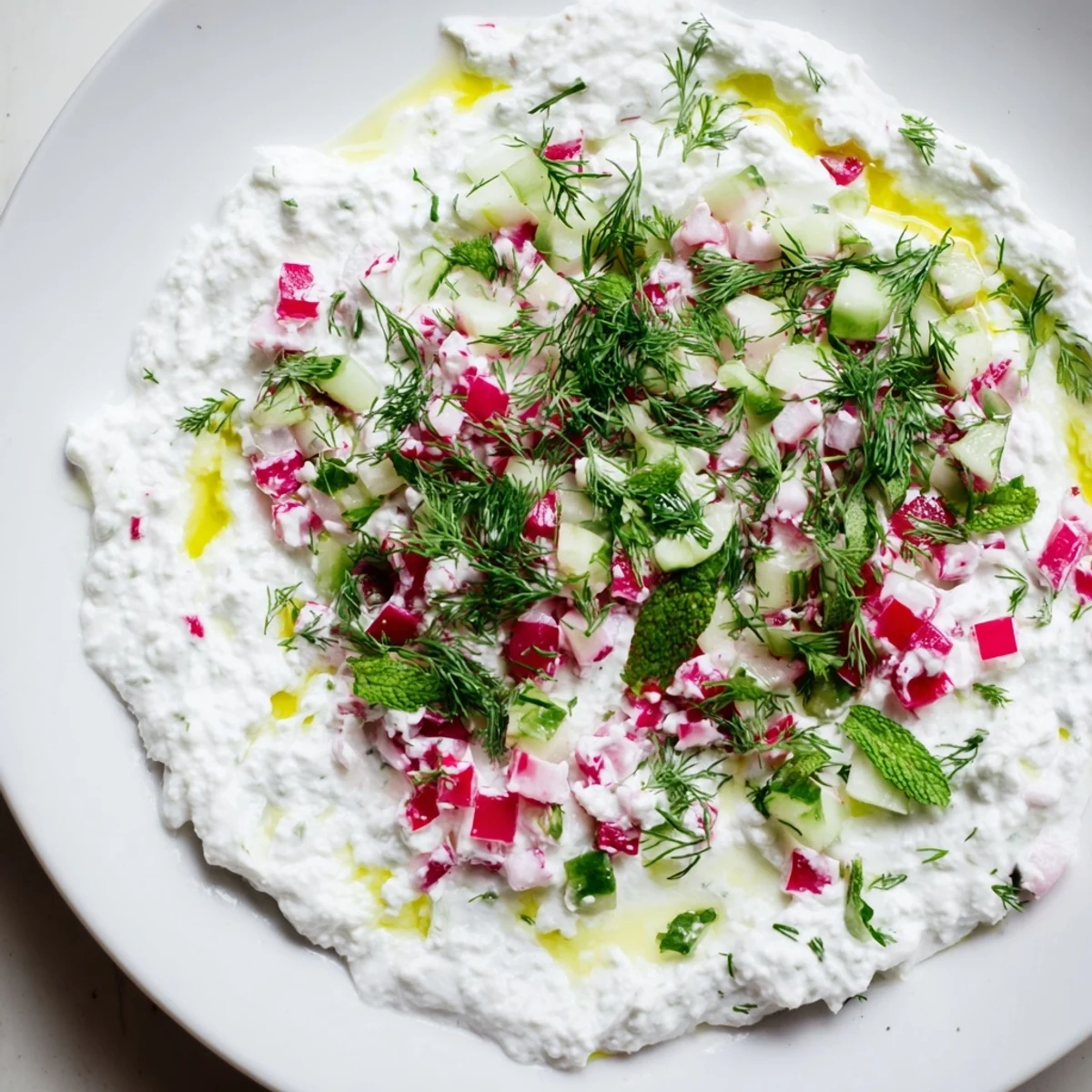 Serving bowl of healthy radish tzatziki dip surrounded by crisp vegetable crudités and pita