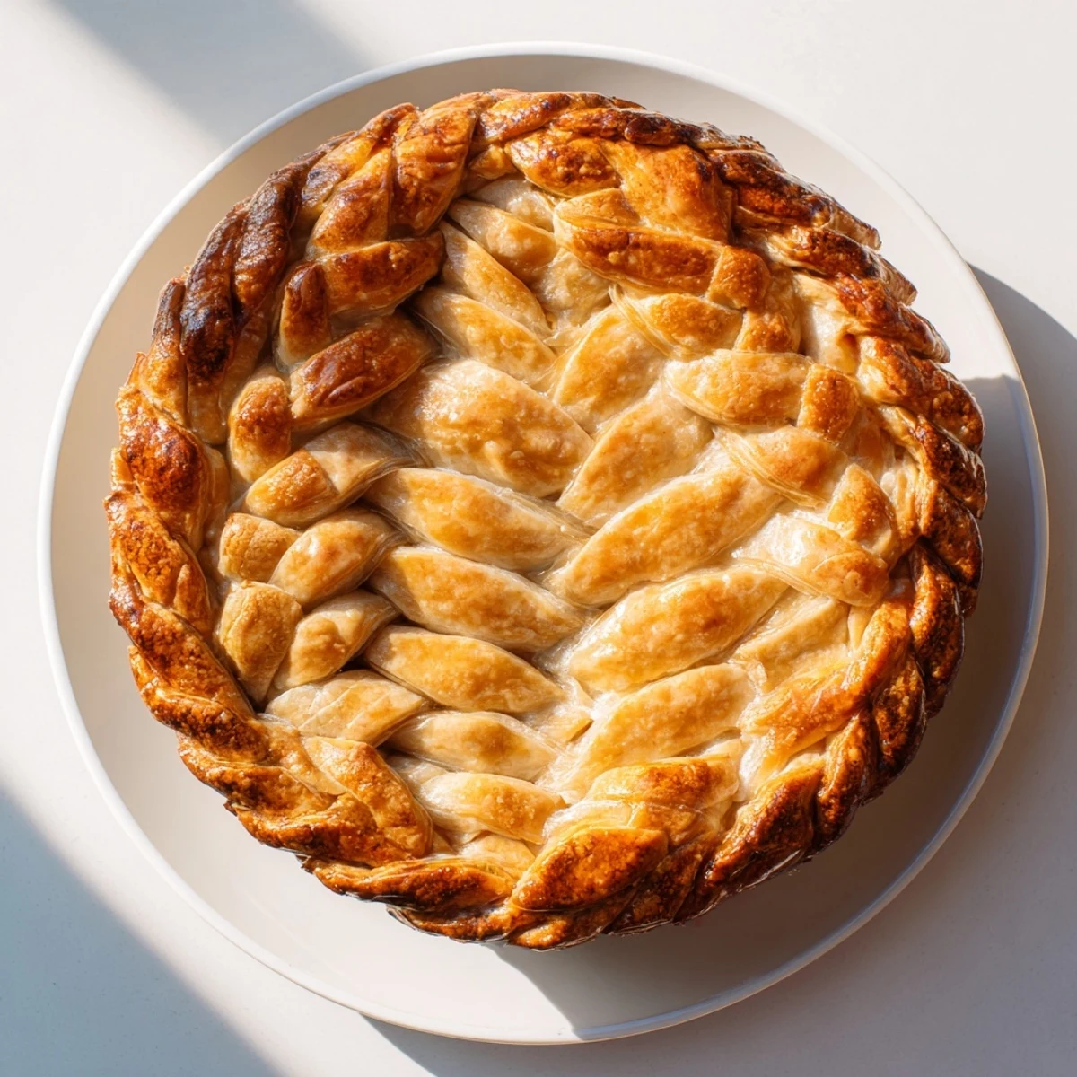 Golden brown fishtail braid pie crust elegantly woven around a fruit pie with glossy egg wash finish