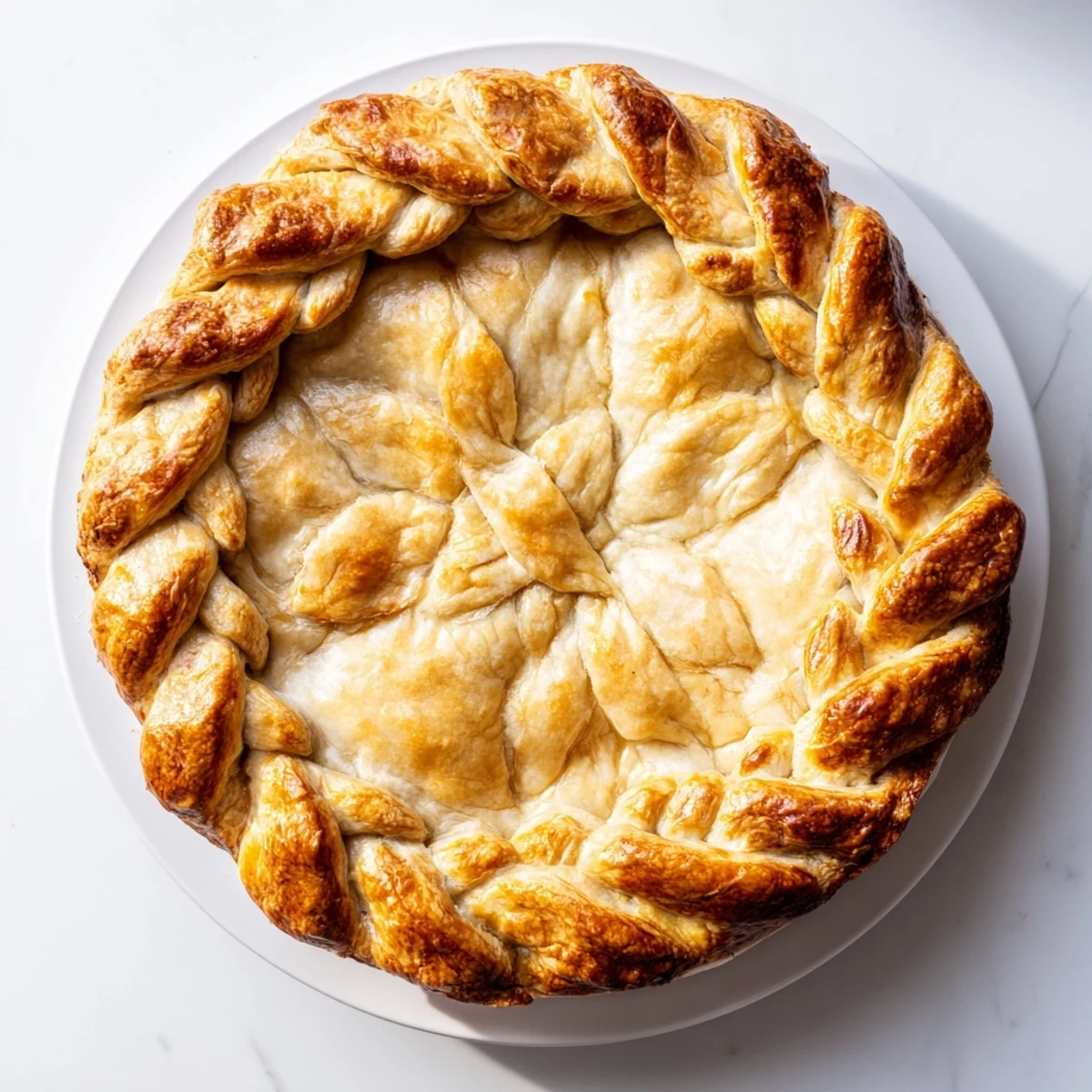 Hand-crafted decorative dough braid adorning a classic apple pie edge, showcasing golden layers and professional presentation