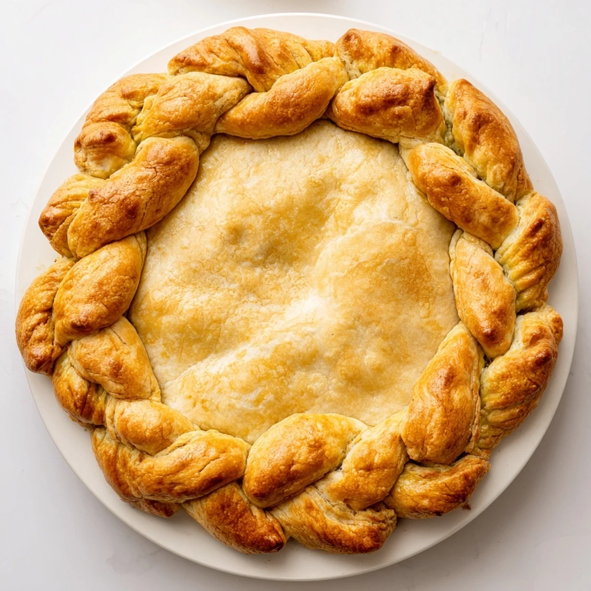 Intricately braided pastry strips bordering a savory pot pie with flaky, buttery texture and detailed weaving pattern
