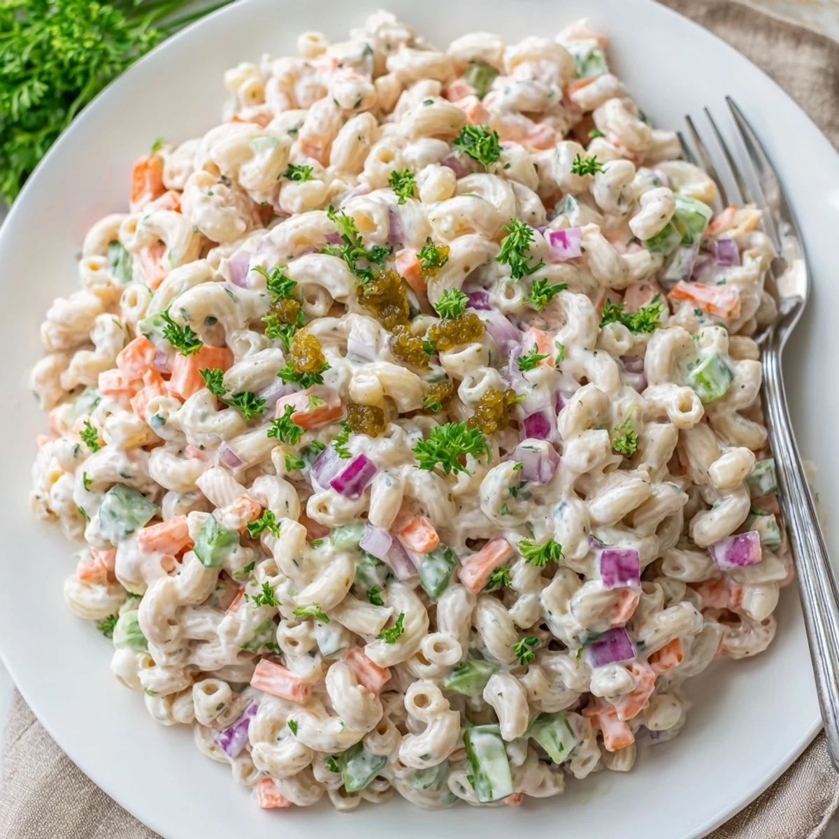 Creamy tangy macaroni salad with colorful diced vegetables and smooth dressing in a white serving bowl