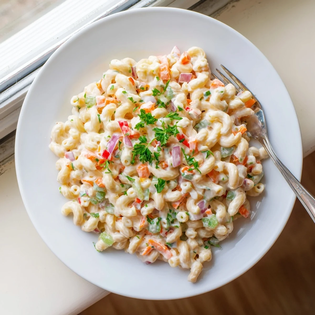 Close-up of classic American macaroni salad showcasing tender pasta coated in rich creamy dressing with crunchy red peppers