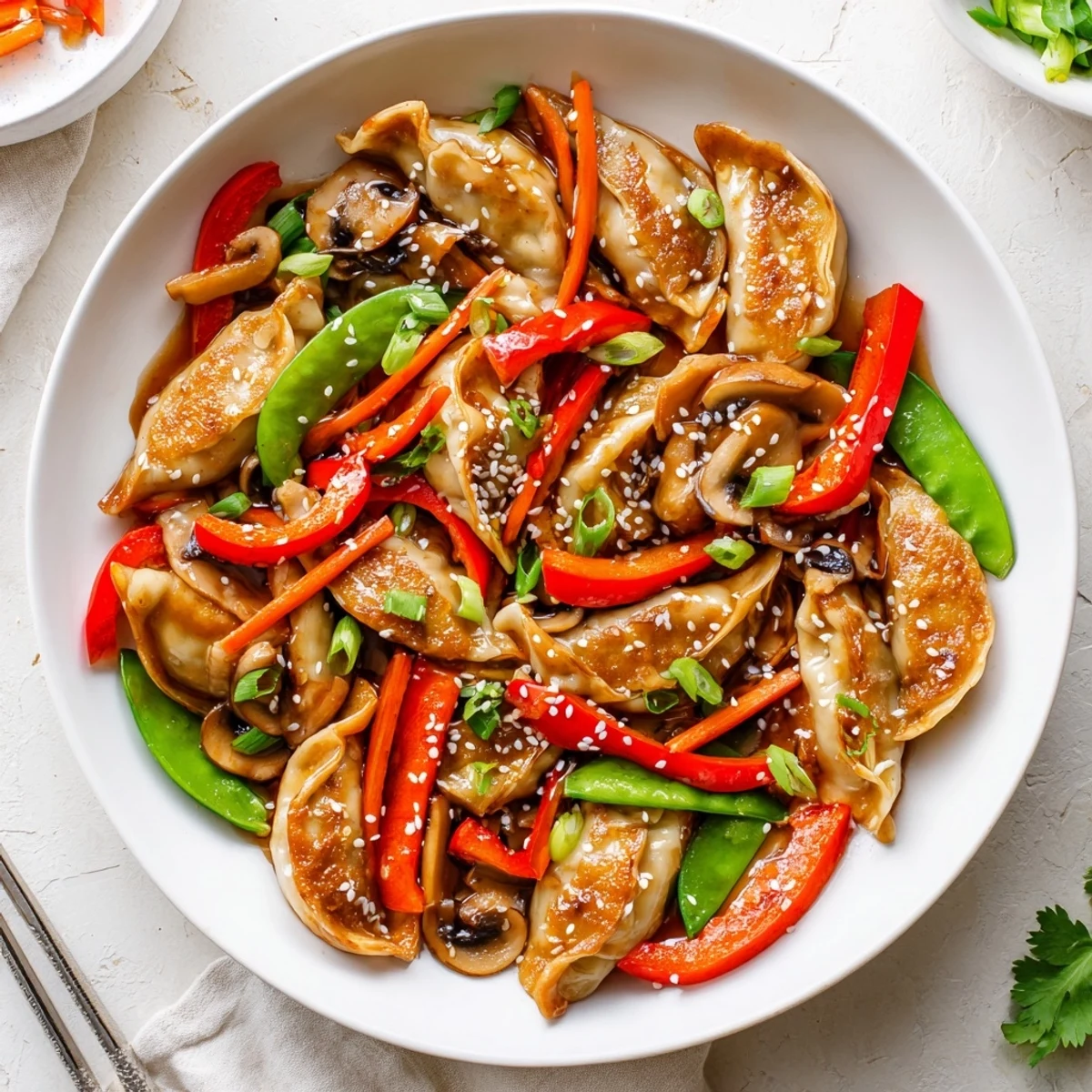 Crispy potstickers tossed with snap peas and peppers in dark Asian sauce