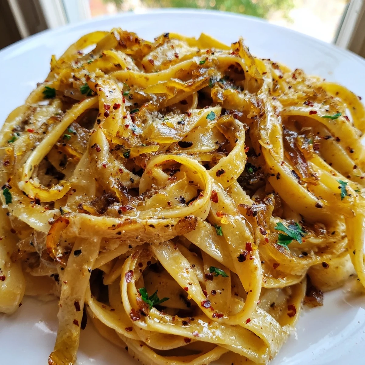 Creamy Sweet Heat Caramelized Onion Fettuccine topped with fresh parsley and Parmesan cheese