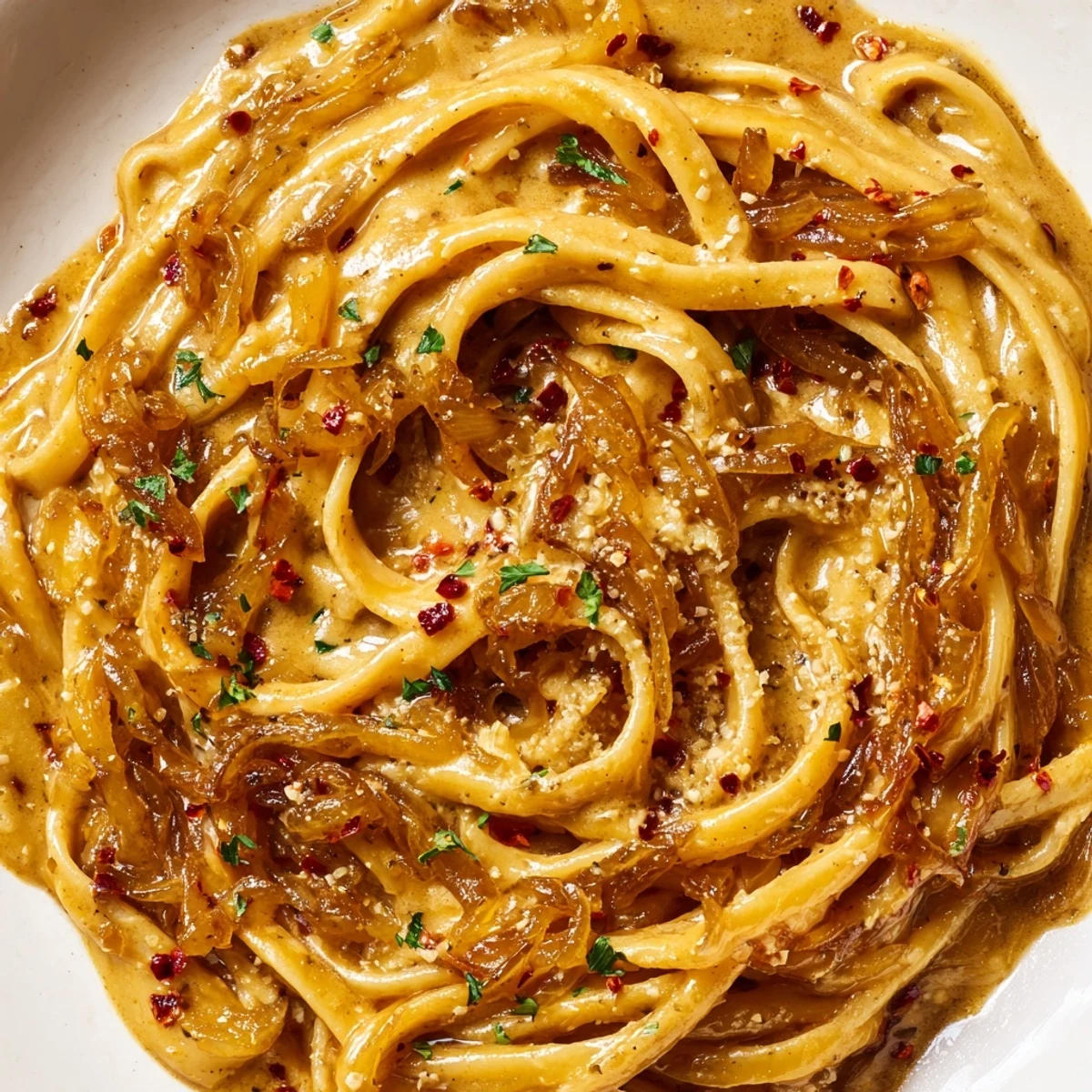 Golden caramelized onions coat Sweet Heat Caramelized Onion Fettuccine in a creamy, spicy sauce