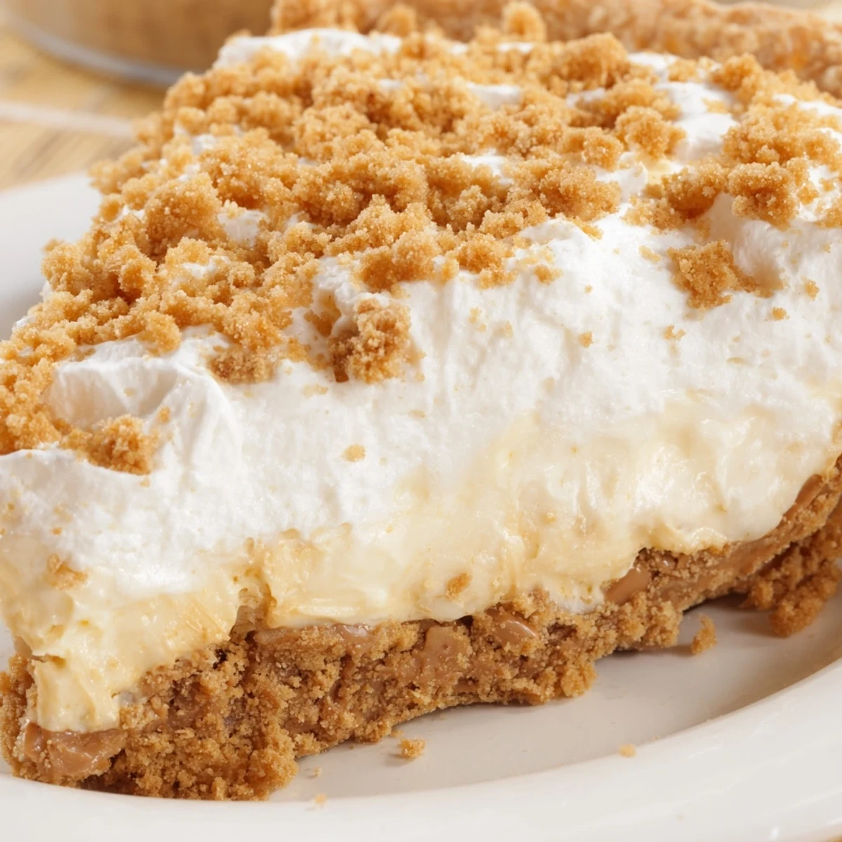 Amish peanut butter dream pie slice showing velvety filling in flaky golden crust