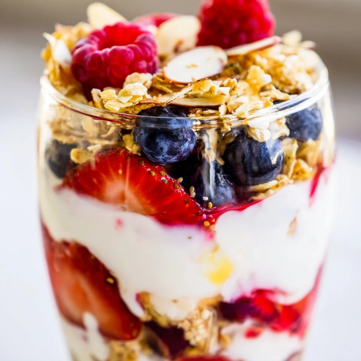 Creamy Greek Yogurt Parfait layered with fresh berries and crunchy granola in a glass