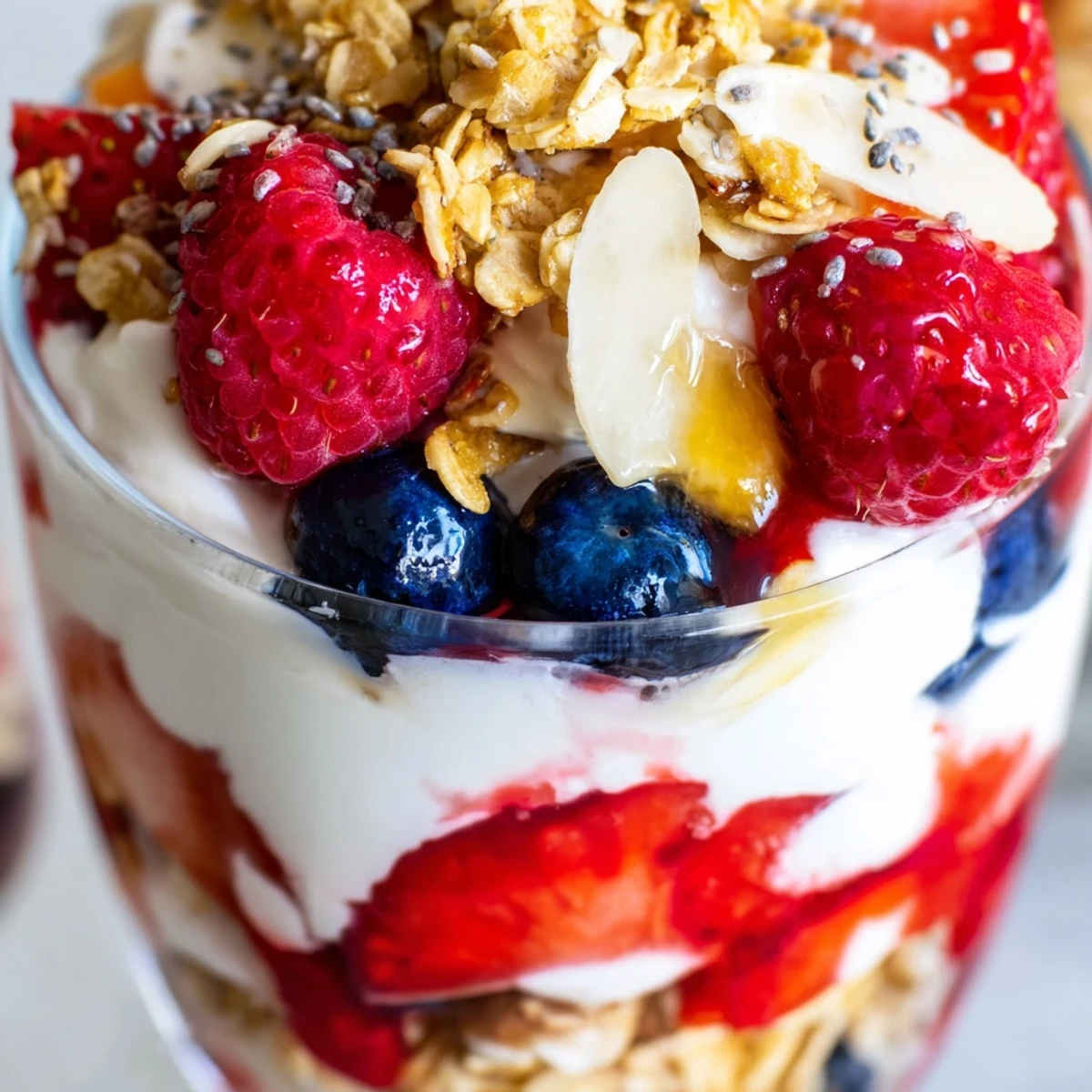 Greek Yogurt Parfait topped with vibrant mixed berries and honey drizzle for breakfast