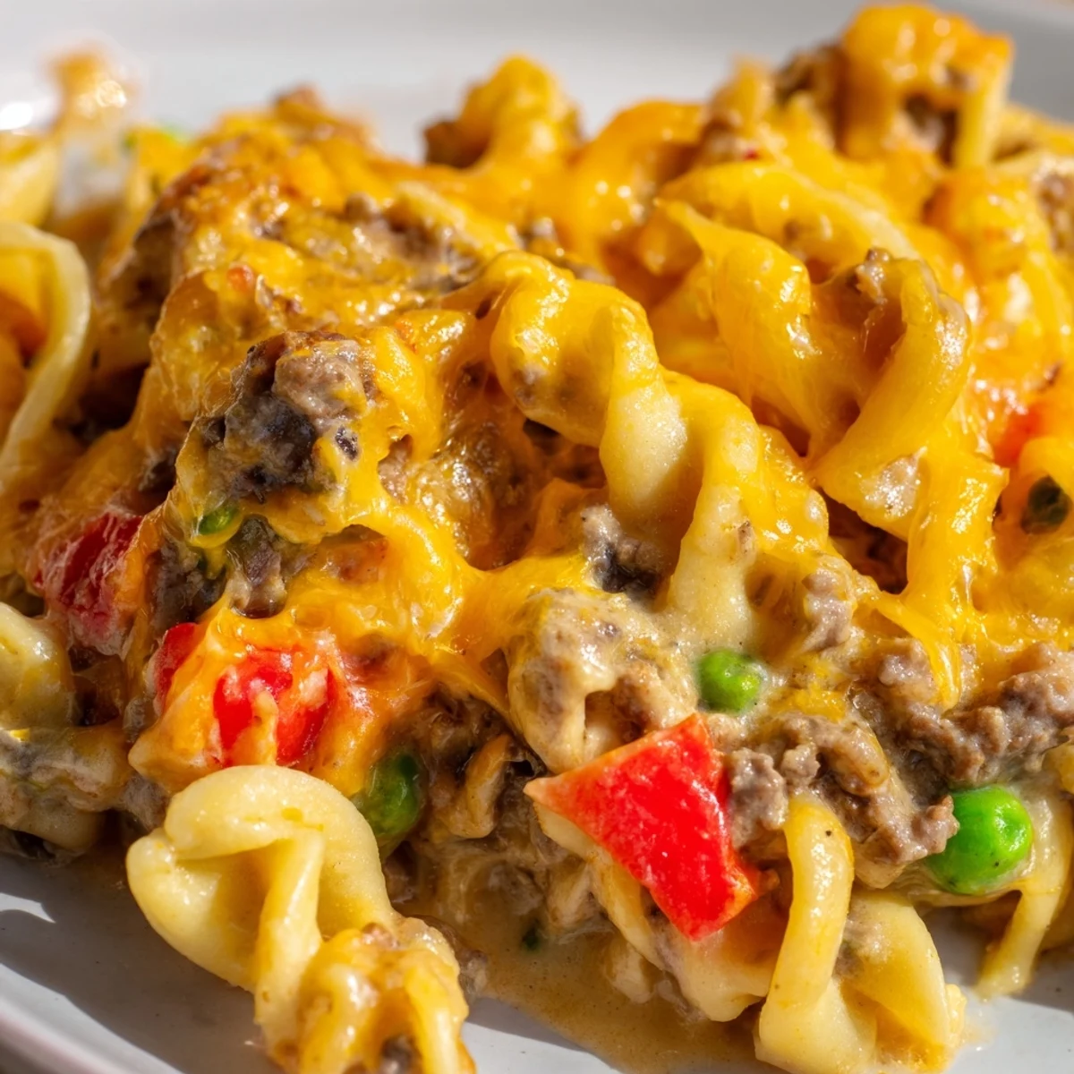 Golden bubbly cheesy beef and noodle casserole fresh from the oven with melted cheddar topping