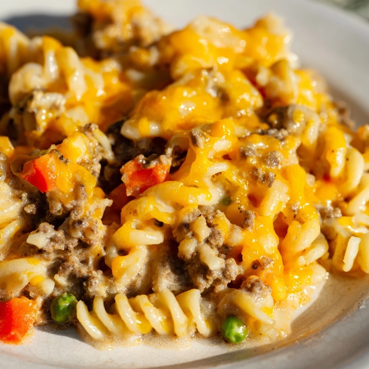 Creamy cheesy beef and noodle casserole with tender egg noodles in a rich savory beef sauce