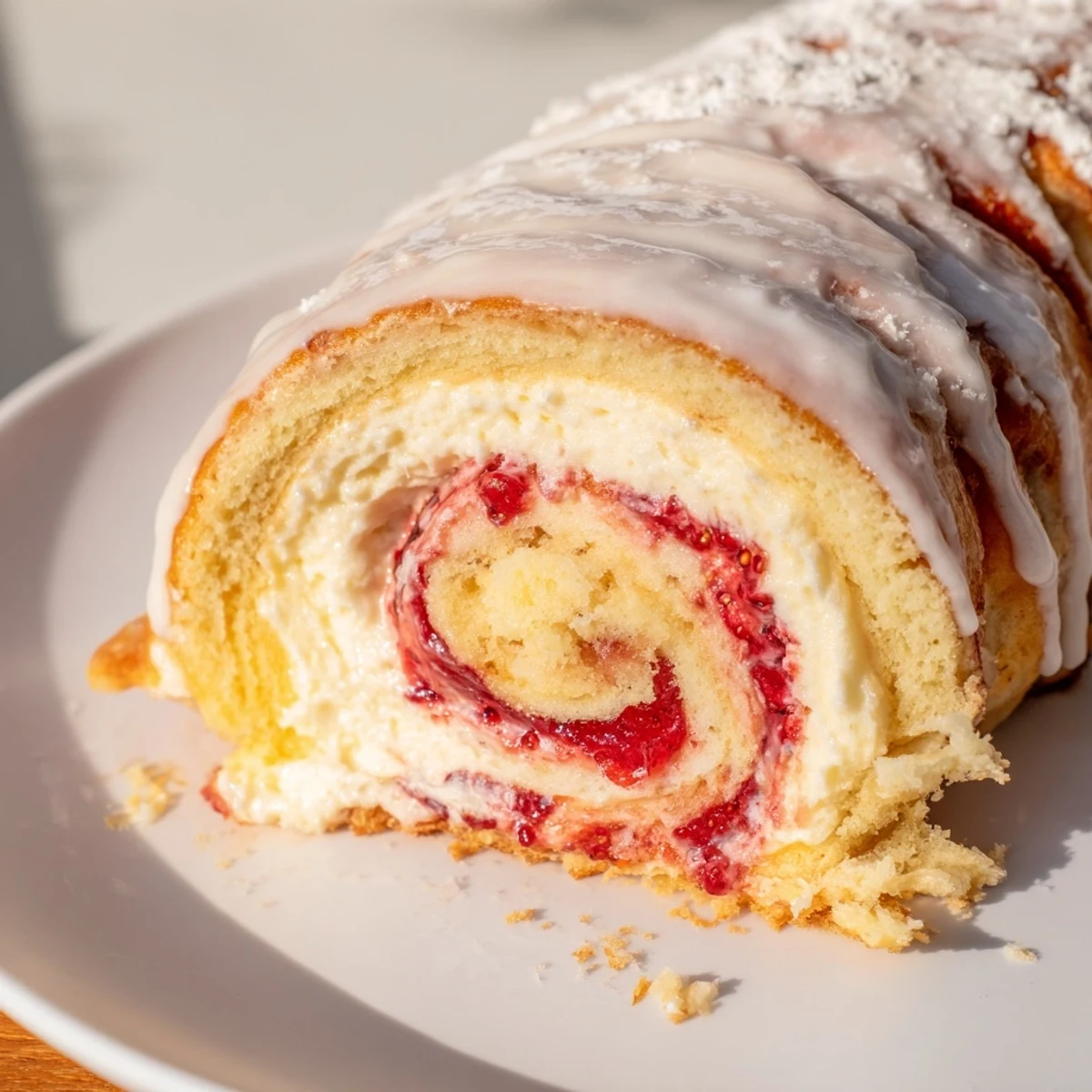 Golden Strawberry Shortcake Cheesecake Rolls drizzled with sweet vanilla glaze on a white plate