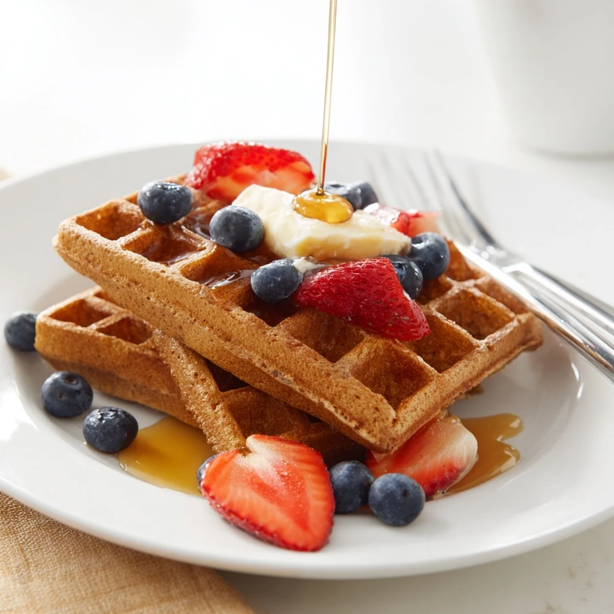 Crispy golden Greek yogurt waffles stacked on a plate with fresh berries and maple syrup drizzle.