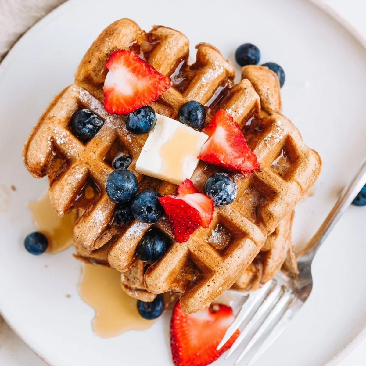 Fluffy Greek yogurt waffles with deep grids topped with whipped cream and sliced strawberries.