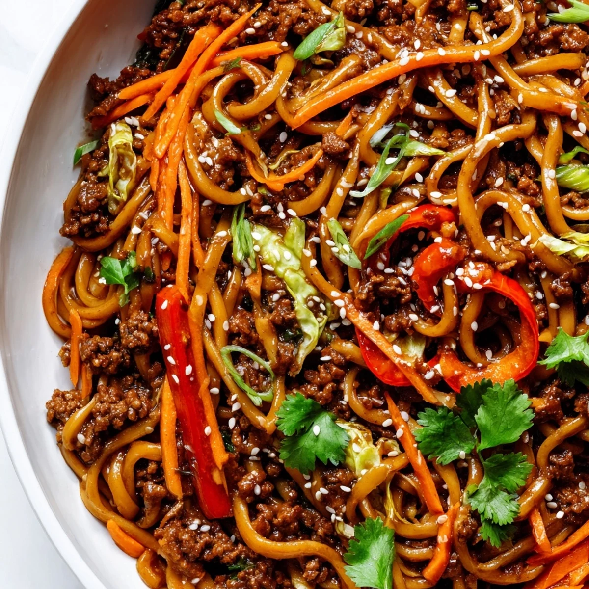 Asian ground beef noodles tossed with colorful vegetables in a savory glossy sauce
