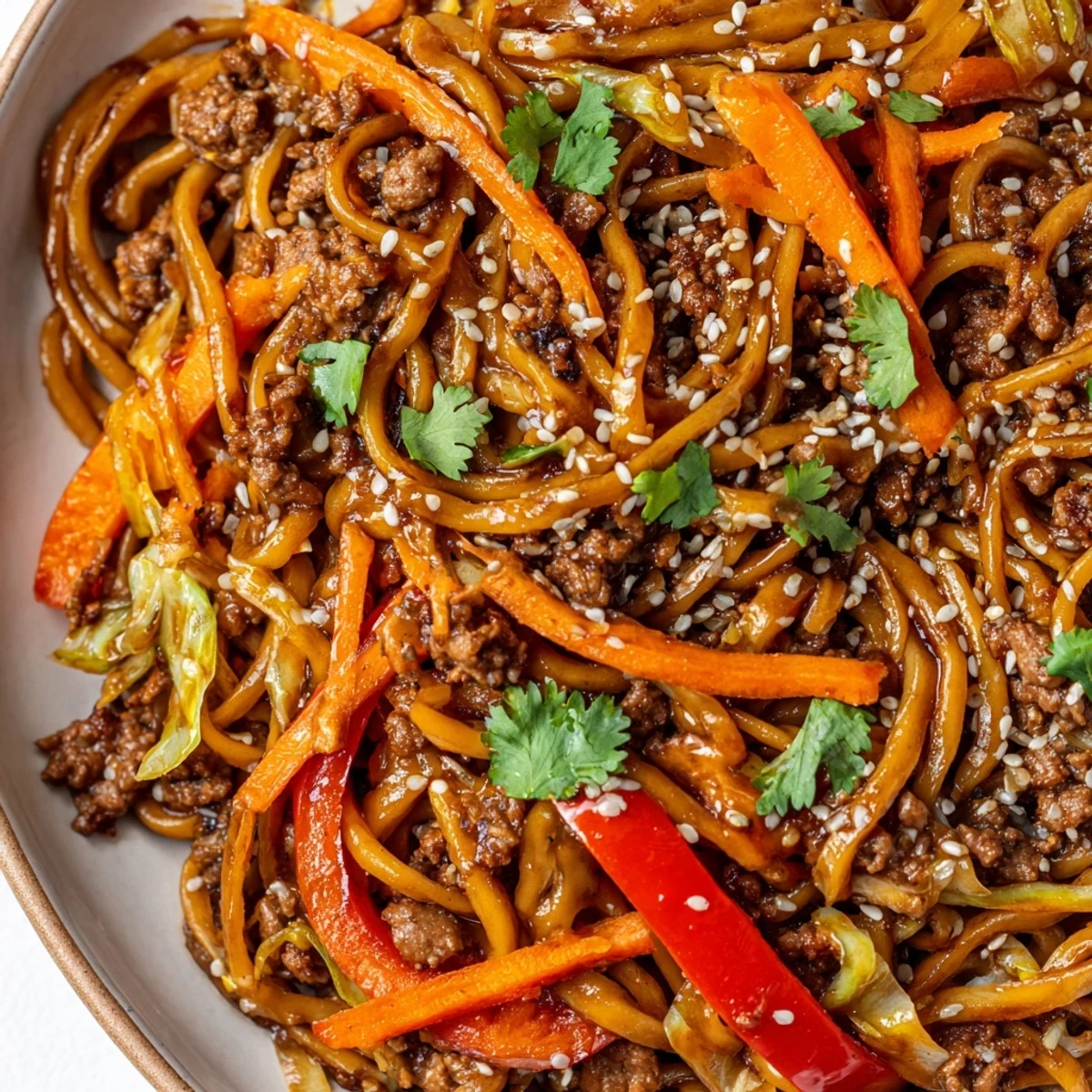 Steaming plate of Asian ground beef noodles topped with sesame seeds and scallions