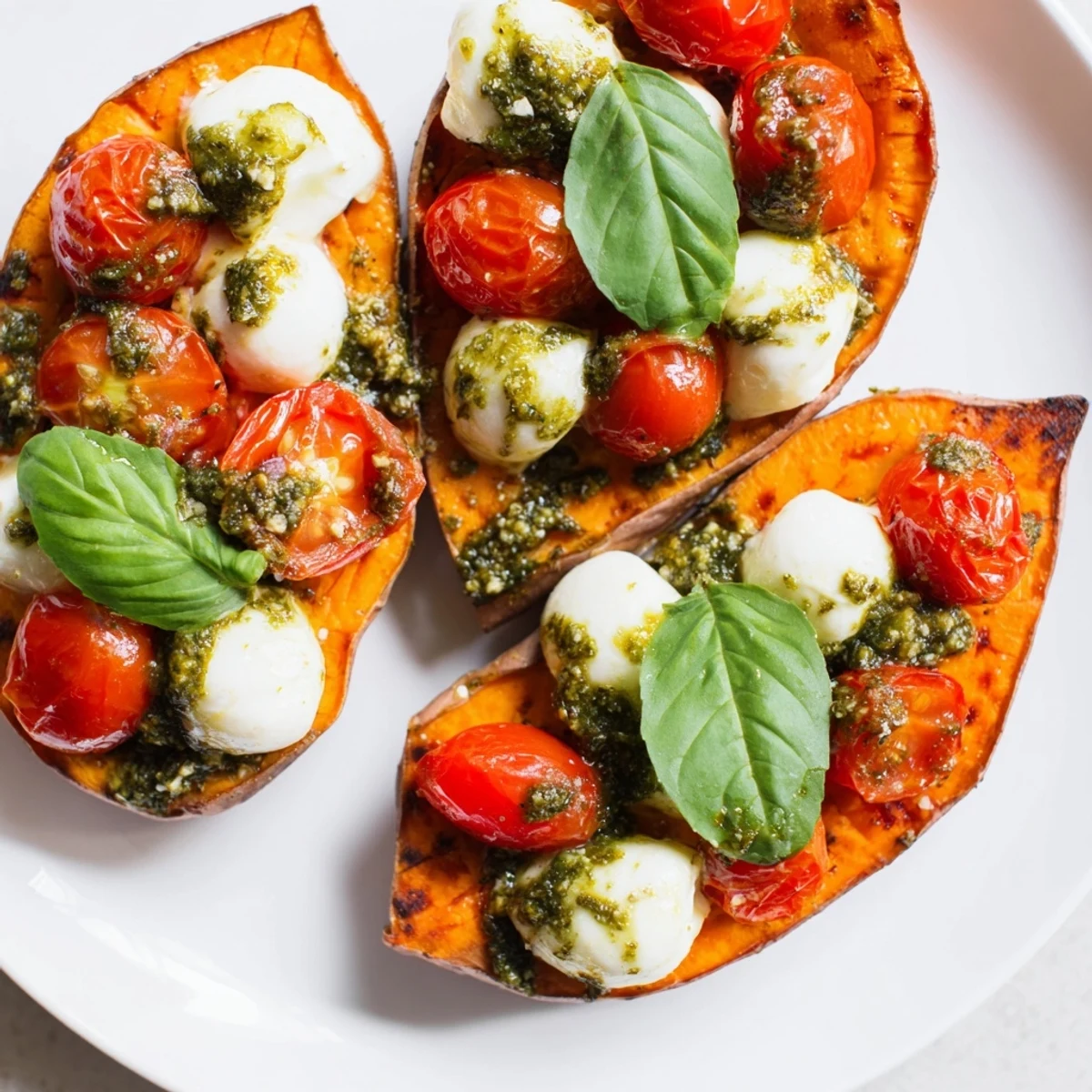 Golden roasted sweet potatoes topped with tomatoes, mozzarella, and vibrant green pesto