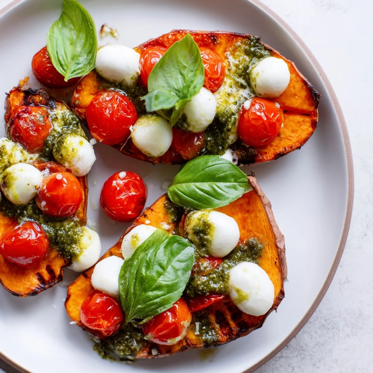 Summer sweet potatoes with tomatoes mozzarella pesto drizzled with fragrant homemade basil sauce