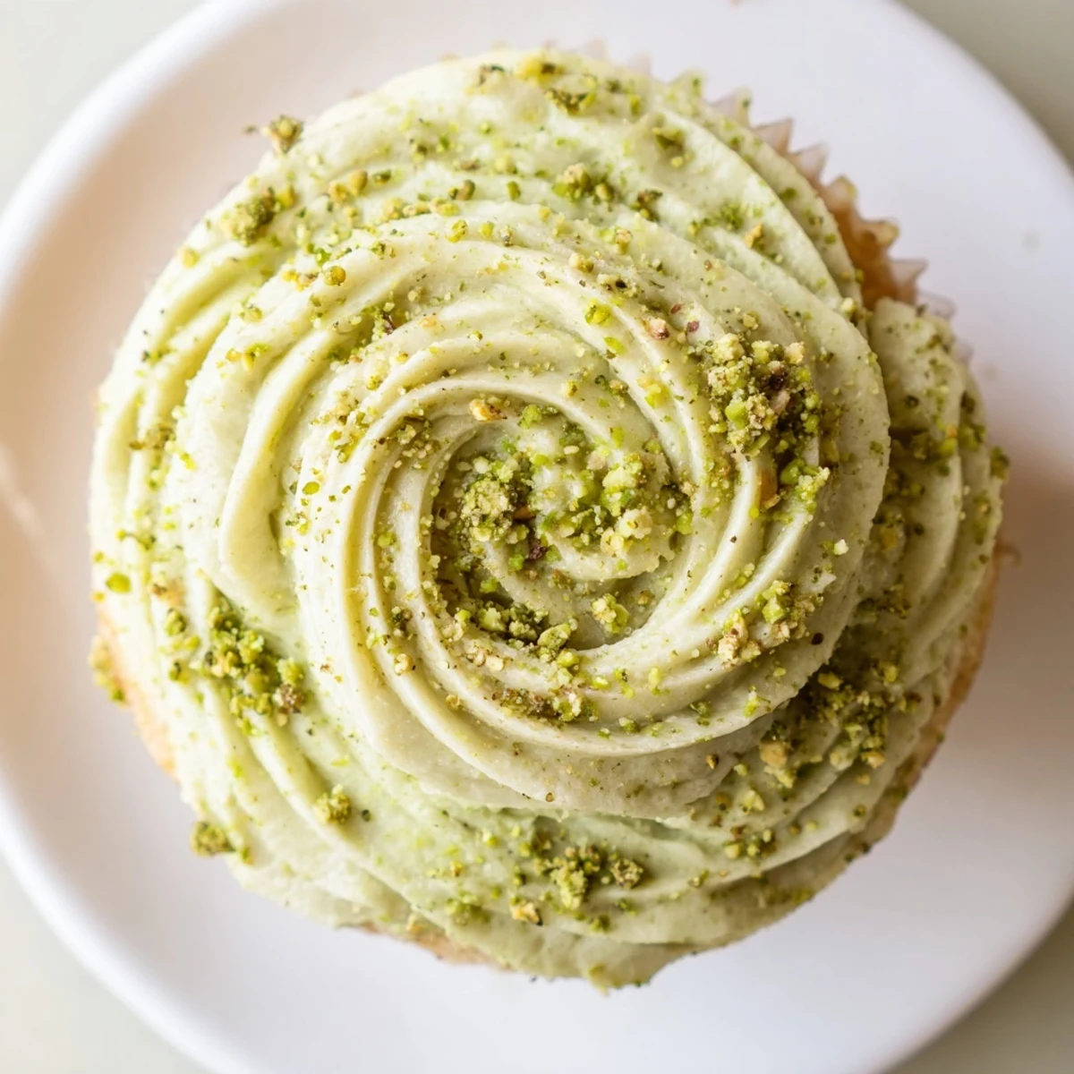 Soft pistachio cupcakes with creamy green buttercream frosting piled high on a white plate