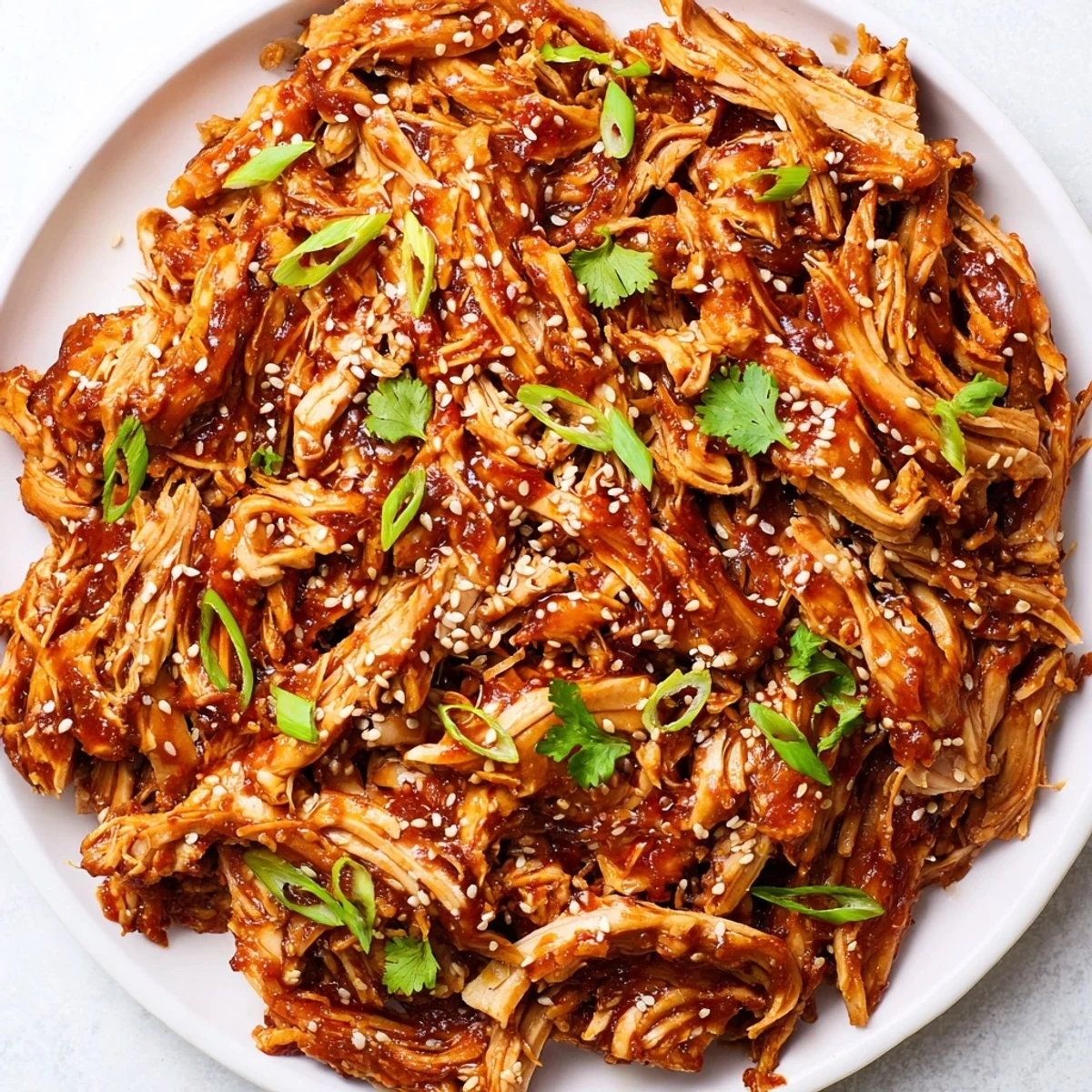 Tender Slow Cooker Sweet Chili Chicken shredded and coated in glossy Asian-inspired sauce