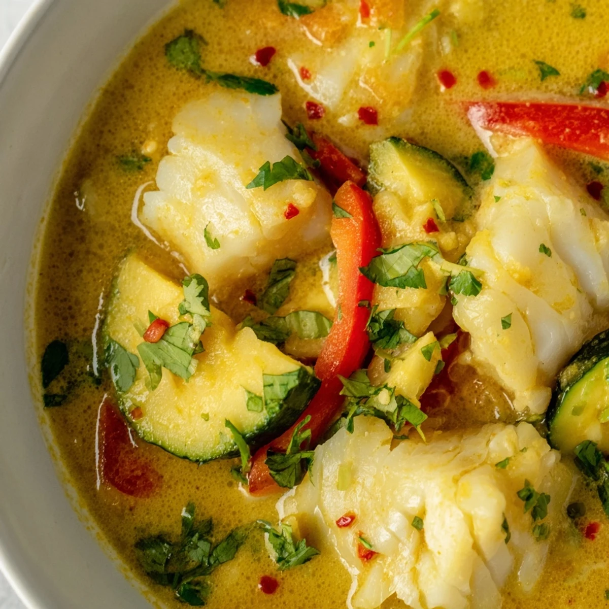 Coconut white fish stew in creamy golden broth with tender cod chunks and colorful vegetables