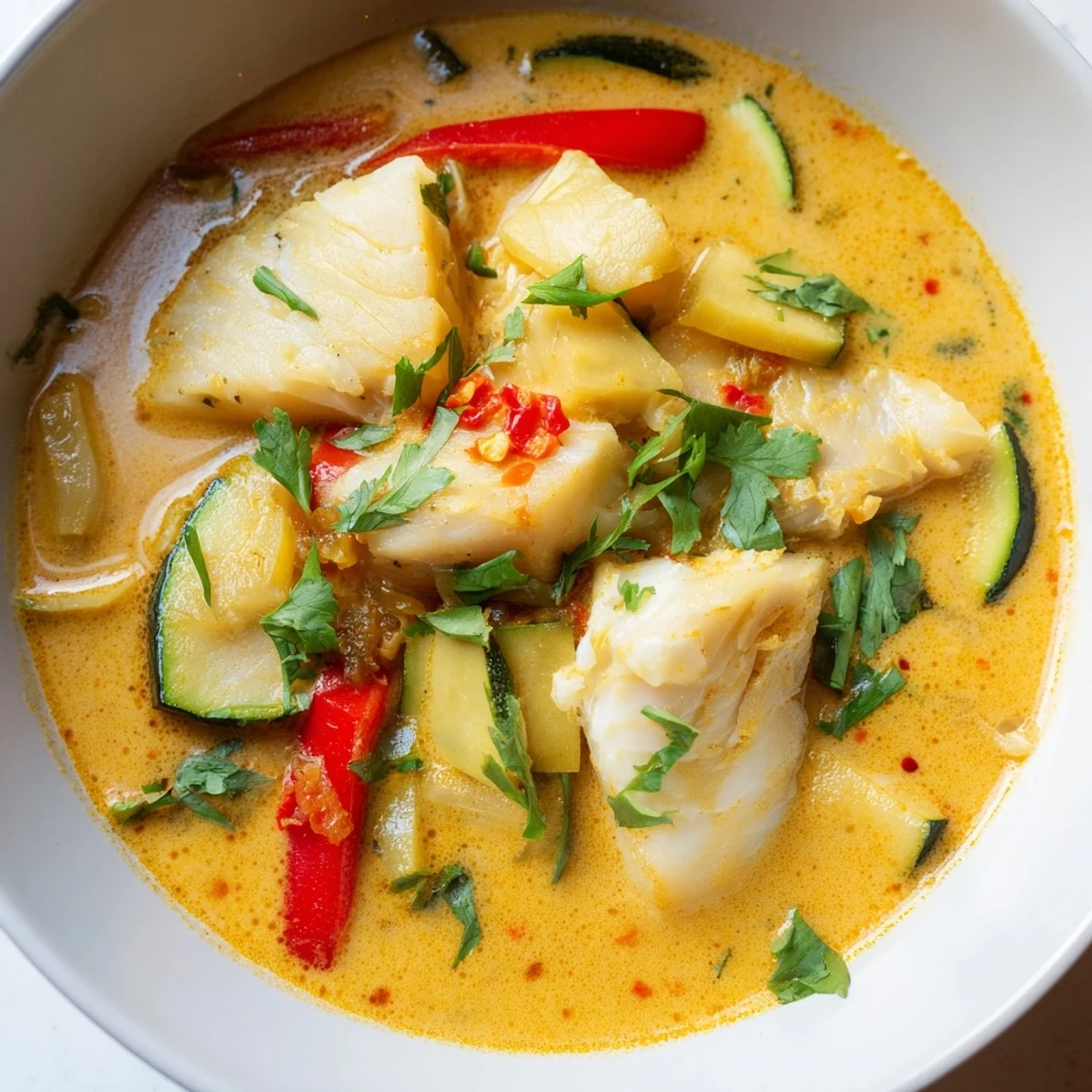 Steaming bowl of coconut white fish stew garnished with fresh cilantro and lime wedges