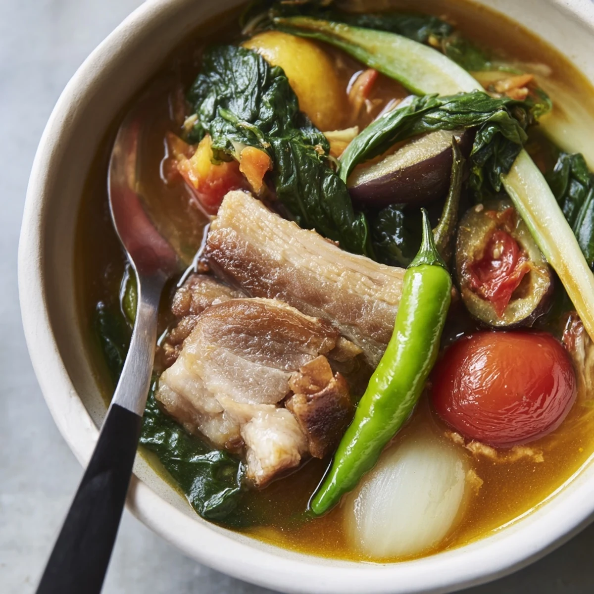 Close-up of Filipino Sinigang sour soup ladled over fluffy white rice in a ceramic bowl