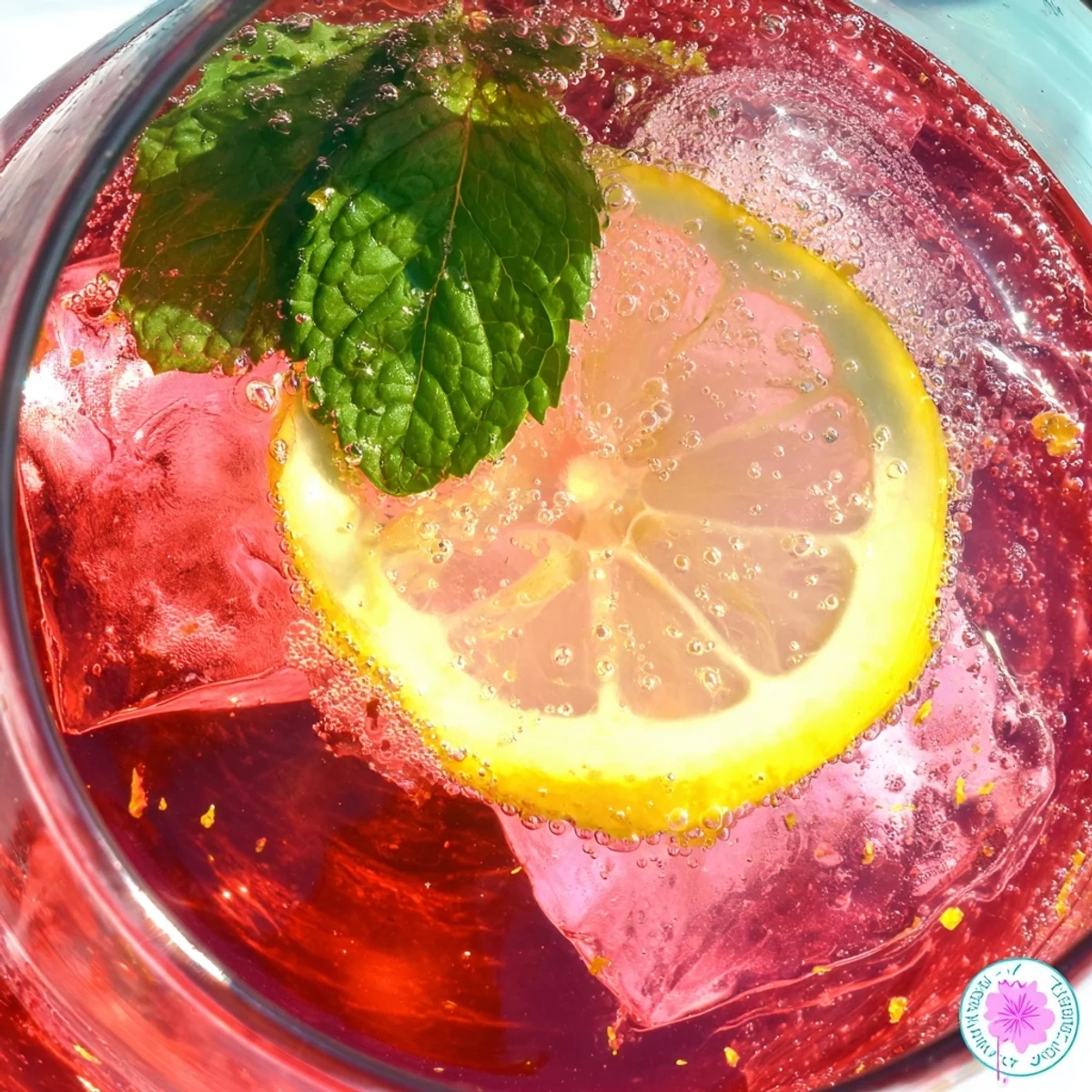 Sparkling honey lemon pink soda poured over ice with fresh mint garnish