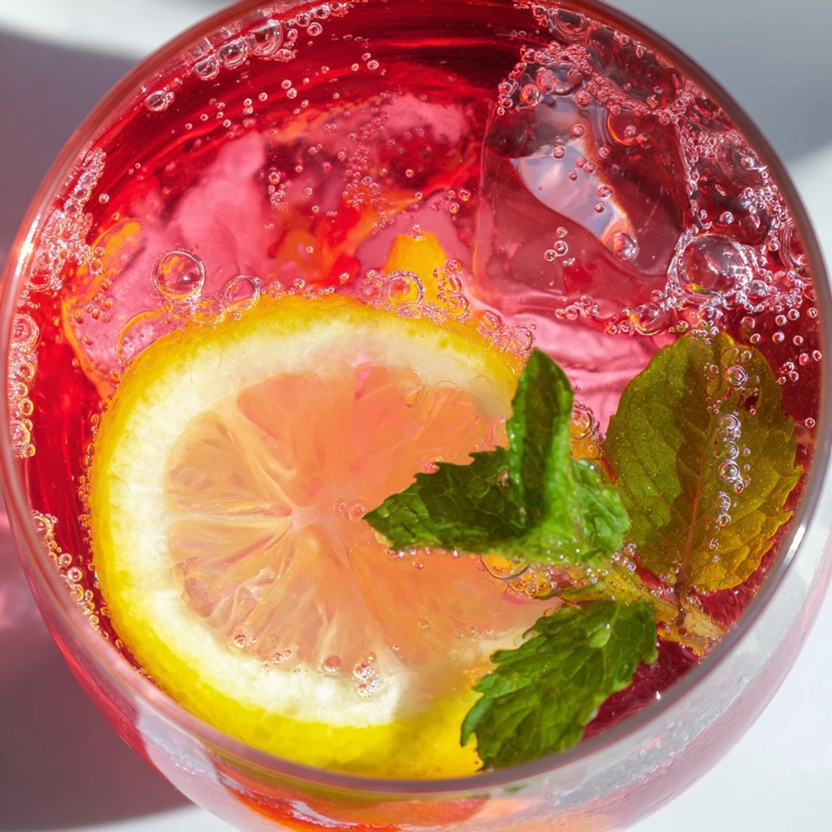 Refreshing honey lemon pink soda in a tall glass with cranberry color and lemon slices on a sunlit patio