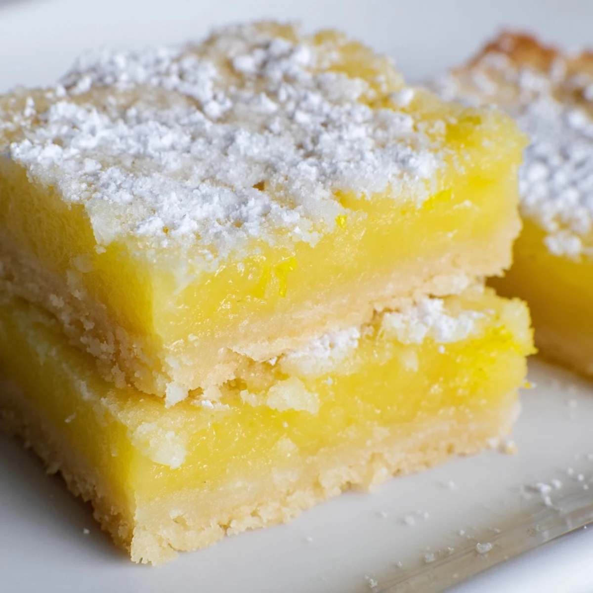 Golden lemon bars with powdered sugar dusting on a rustic white serving plate