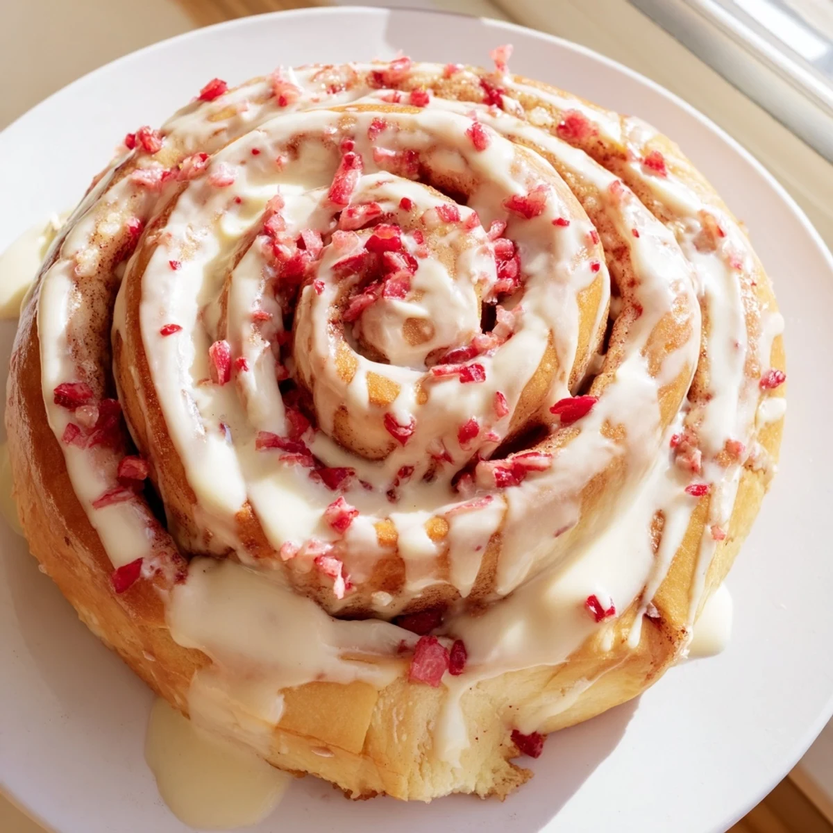 Golden Strawberry Cheesecake Cinnabon Rolls drizzled with creamy vanilla glaze on a rustic plate