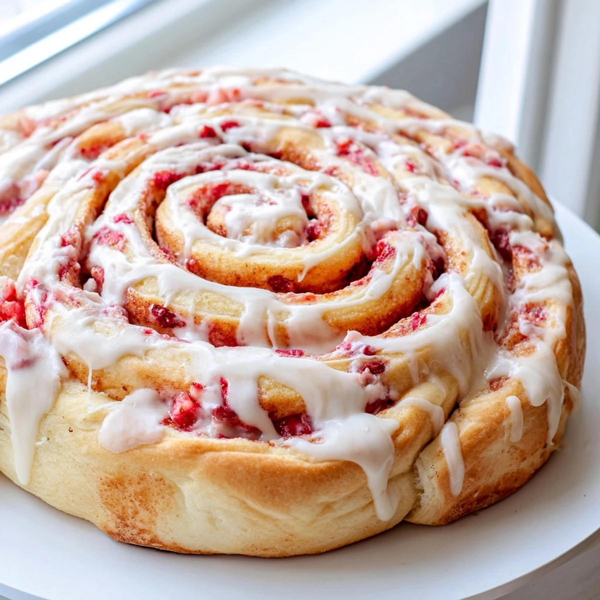 Warm Strawberry Cheesecake Cinnabon Rolls pulled apart revealing gooey cinnamon swirled filling