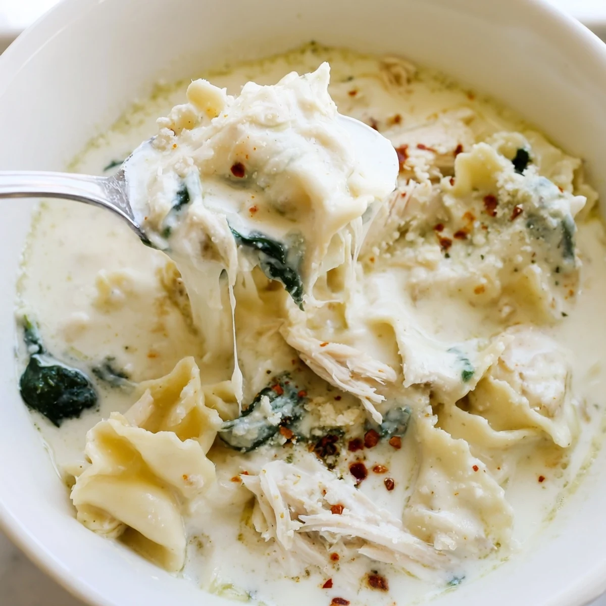 Creamy white lasagna soup in a rustic bowl with melted mozzarella and fresh herbs