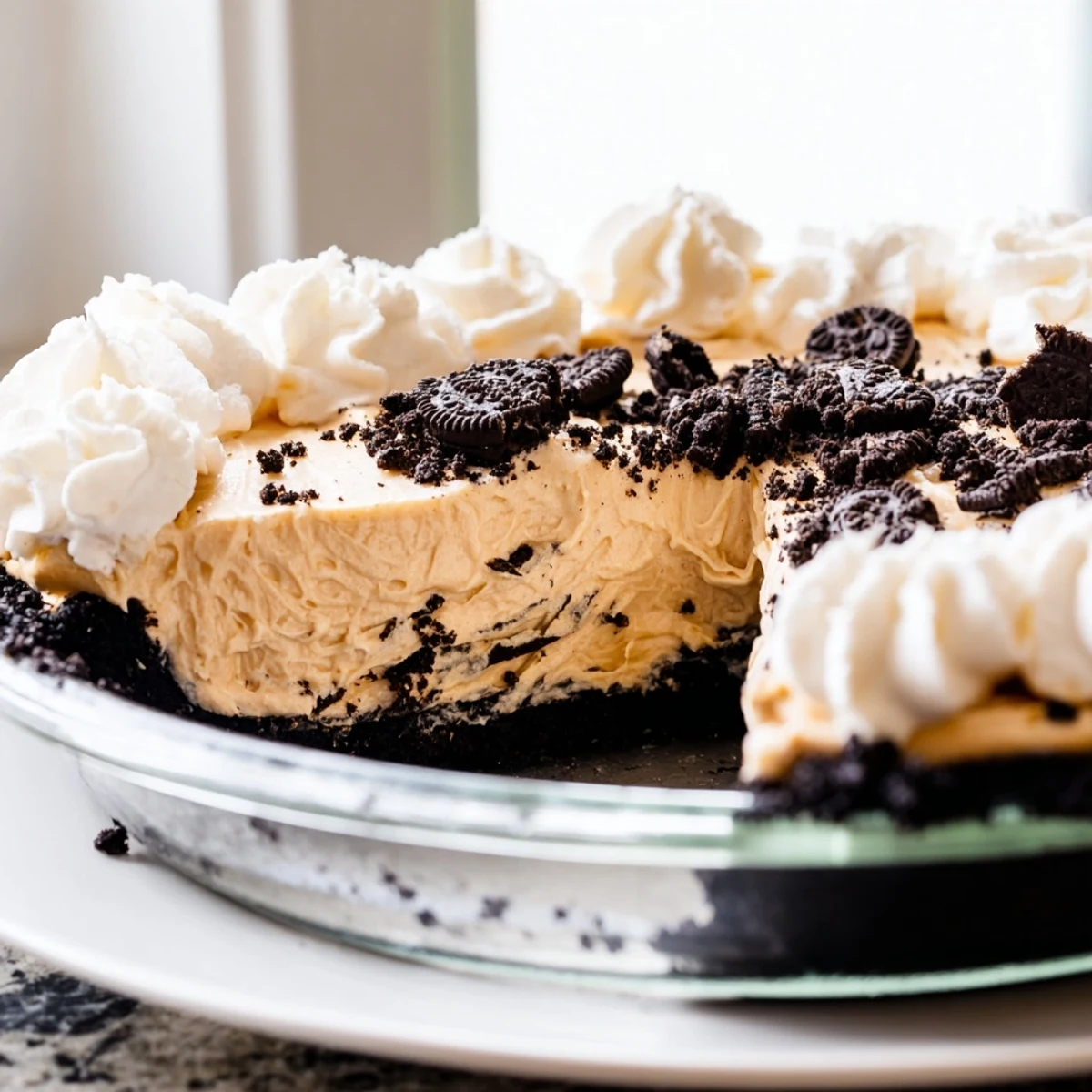 Rich peanut butter Oreo pie in a chocolate crust chilled and ready to serve
