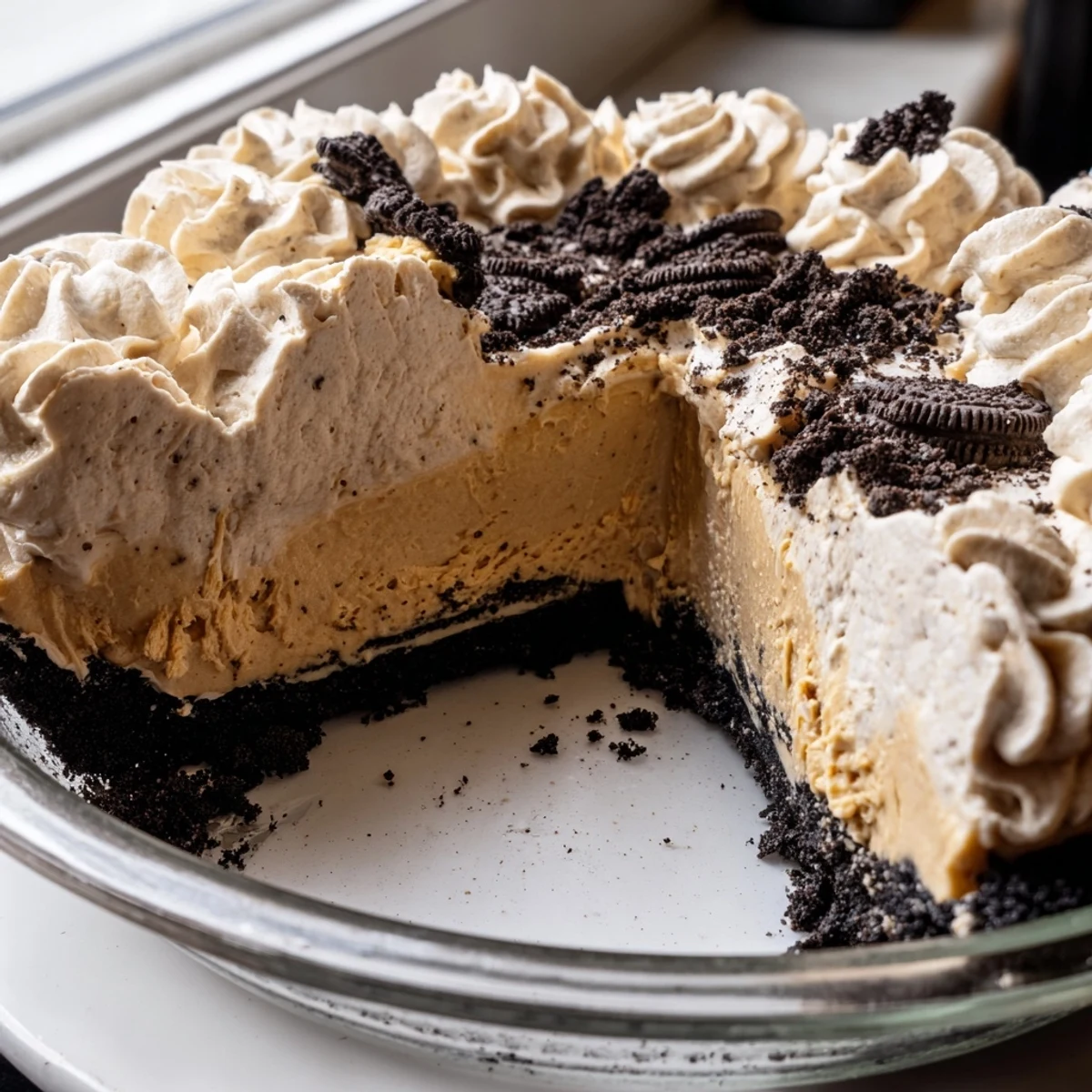 Velvety peanut butter Oreo pie garnished with crushed cookies on a rustic dessert plate