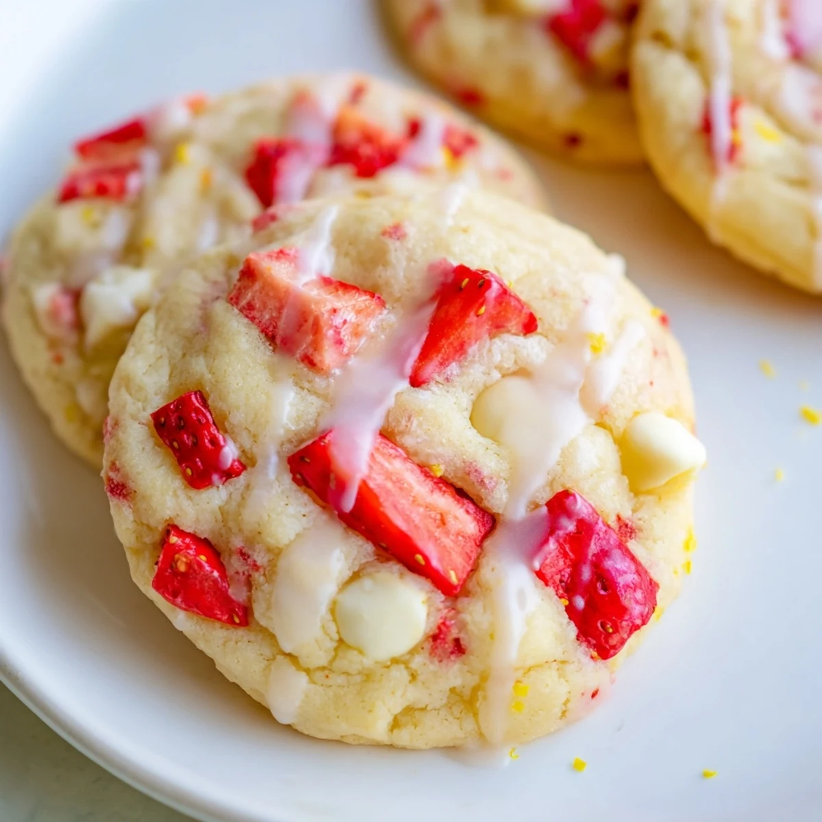 Soft strawberry lemonade cookies with pink flecks drizzled in tangy lemon glaze on a white plate