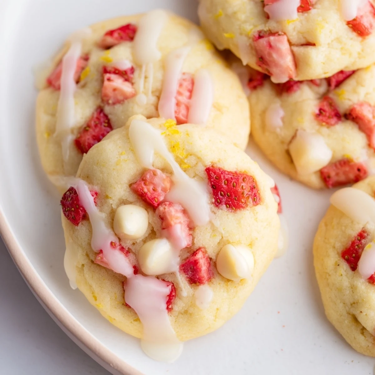Chewy strawberry lemonade cookies studded with fresh berries and white chocolate chips stacked on parchment